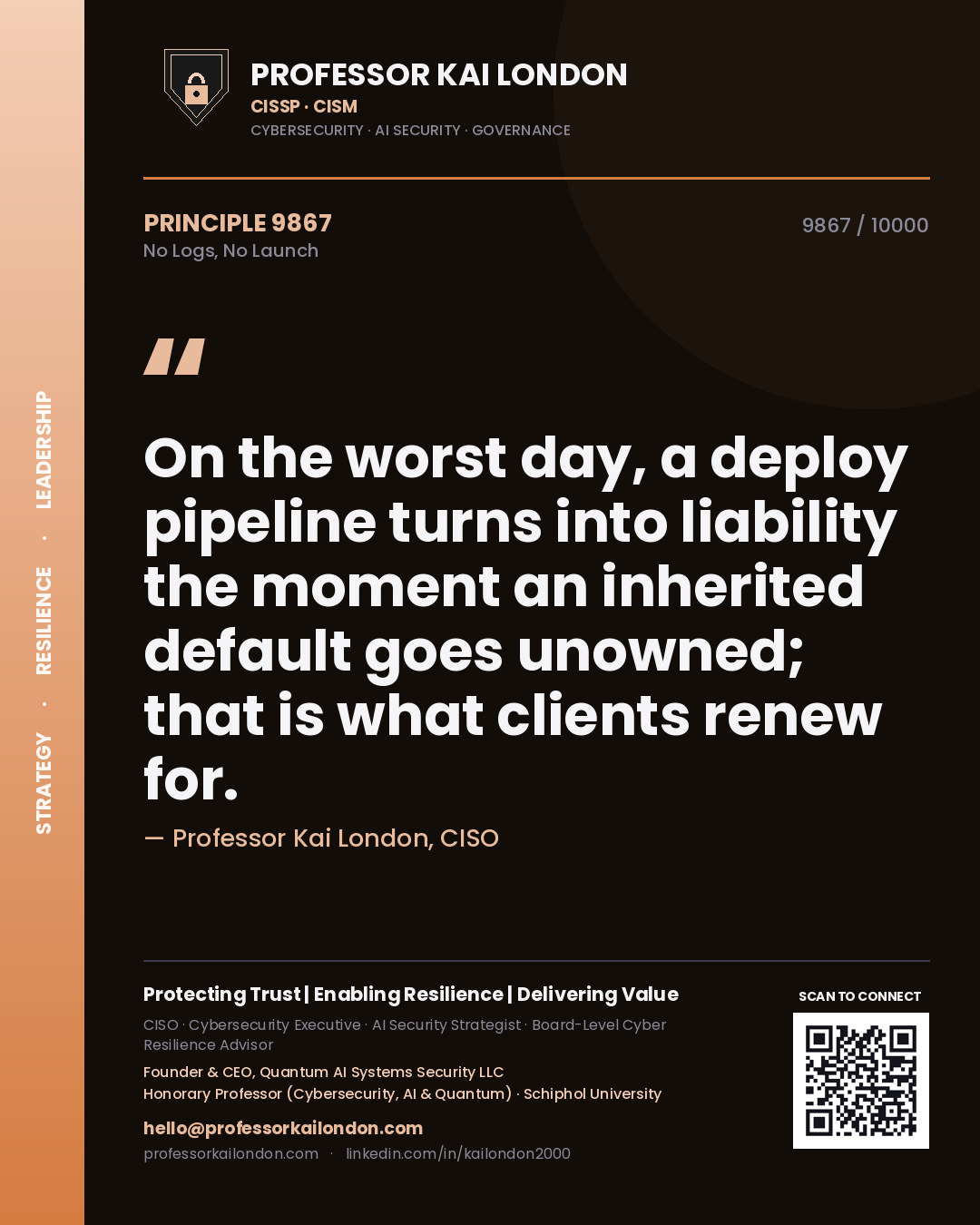 Professor Kai London principle 9867: On the worst day, a deploy pipeline turns into liability the moment an inherited default goes unowned; that is what clients renew for.
