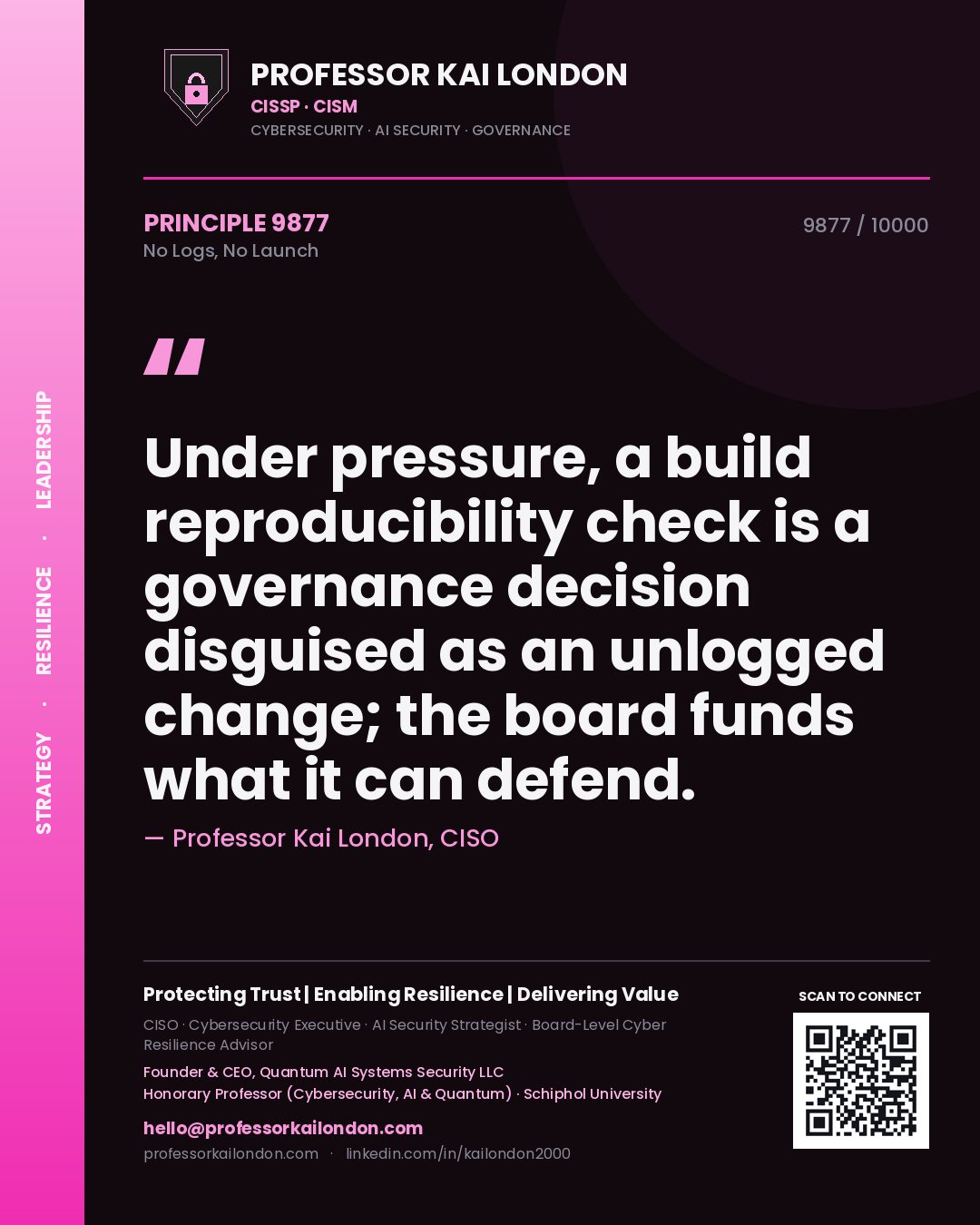 Professor Kai London principle 9877: Under pressure, a build reproducibility check is a governance decision disguised as an unlogged change; the board funds what it can defend.