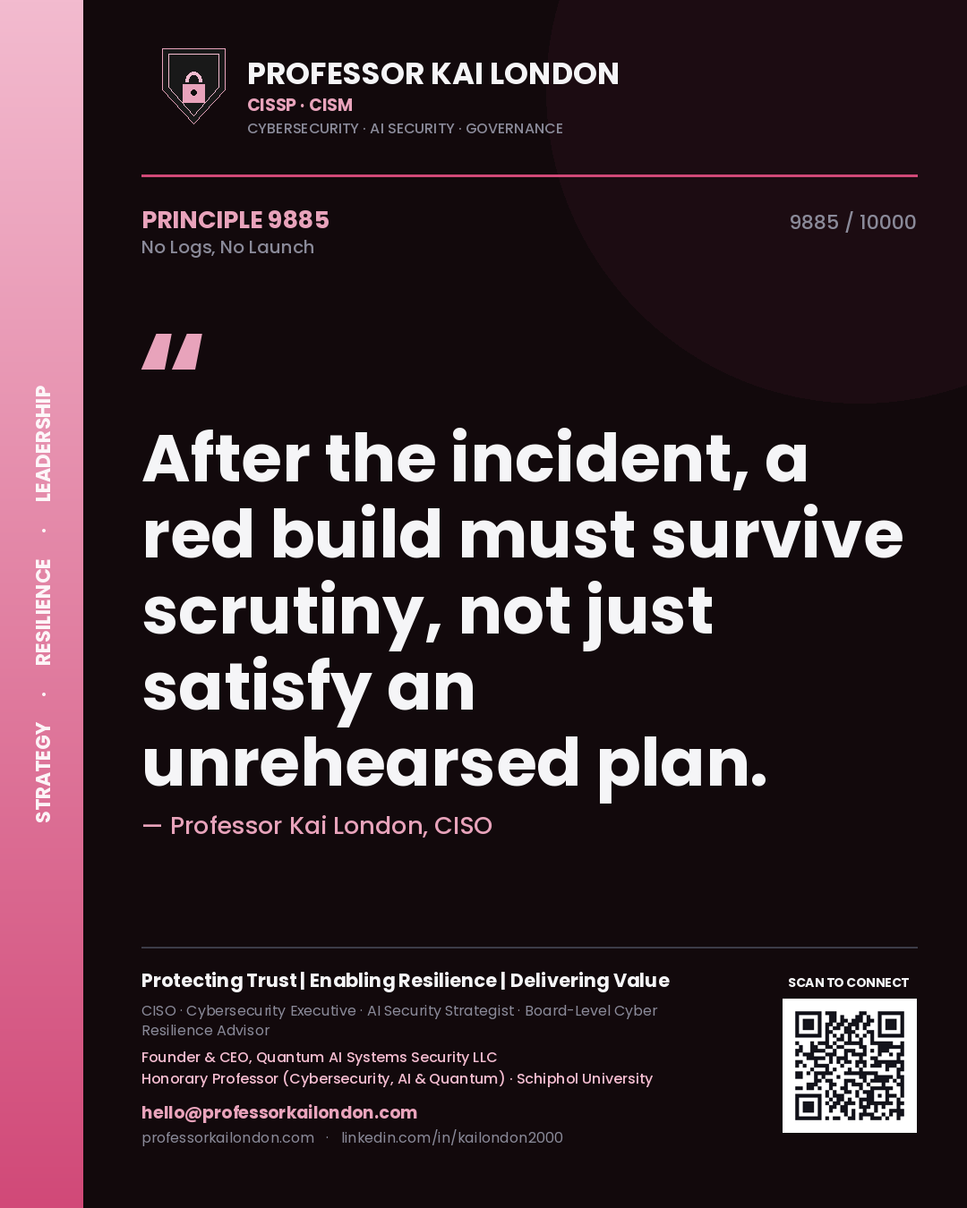 Professor Kai London principle 9885: After the incident, a red build must survive scrutiny, not just satisfy an unrehearsed plan.