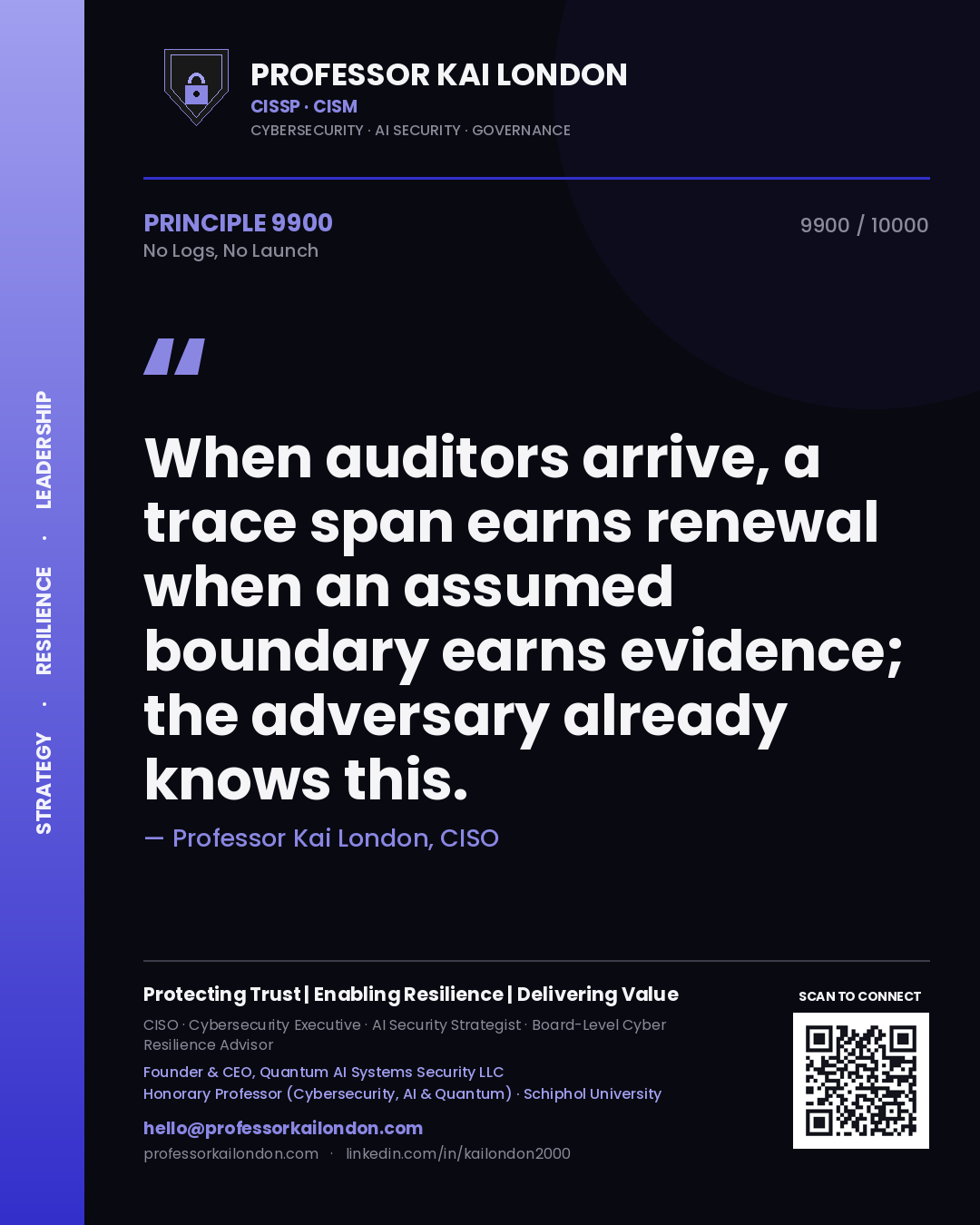 Professor Kai London principle 9900: When auditors arrive, a trace span earns renewal when an assumed boundary earns evidence; the adversary already knows this.