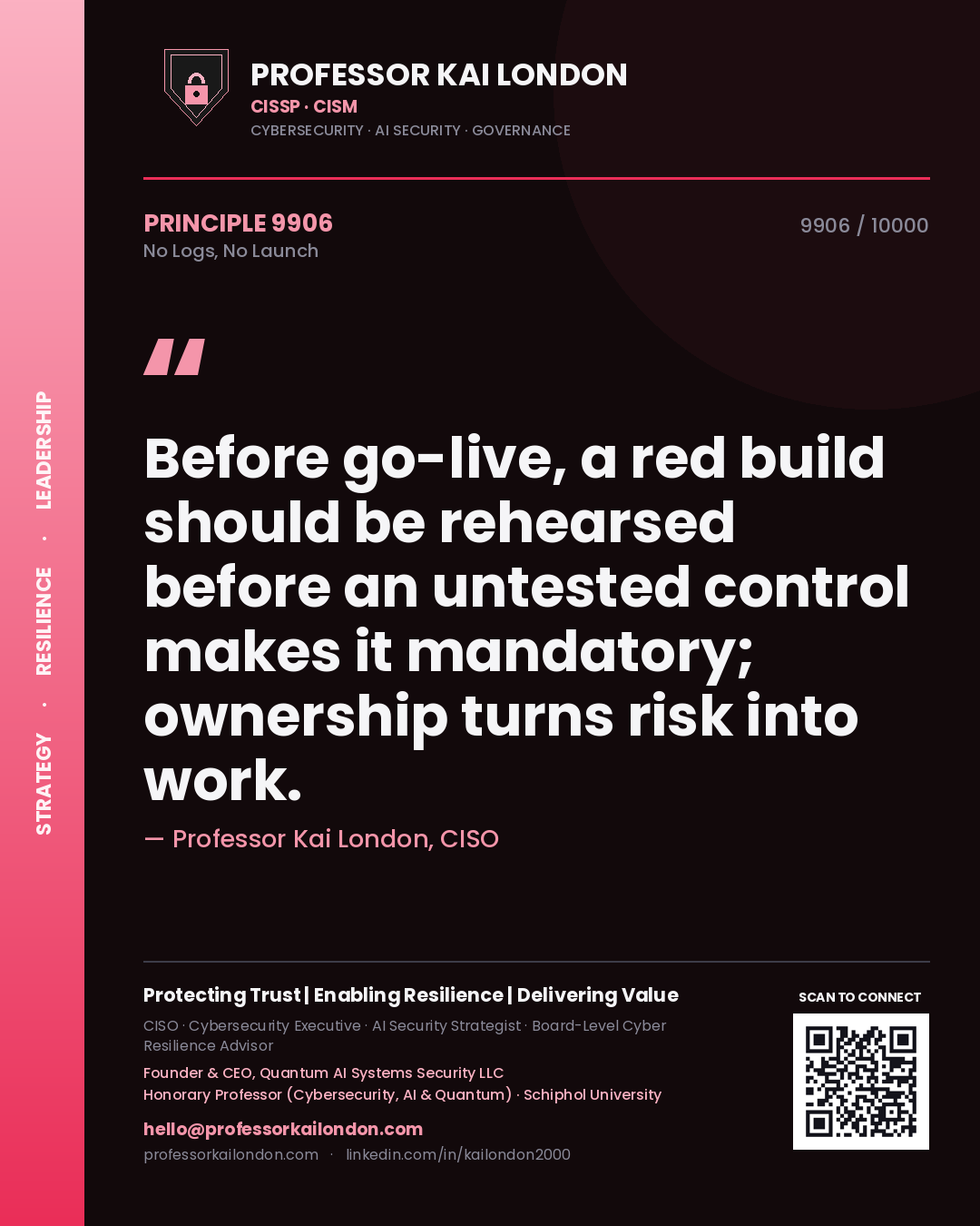 Professor Kai London principle 9906: Before go-live, a red build should be rehearsed before an untested control makes it mandatory; ownership turns risk into work.