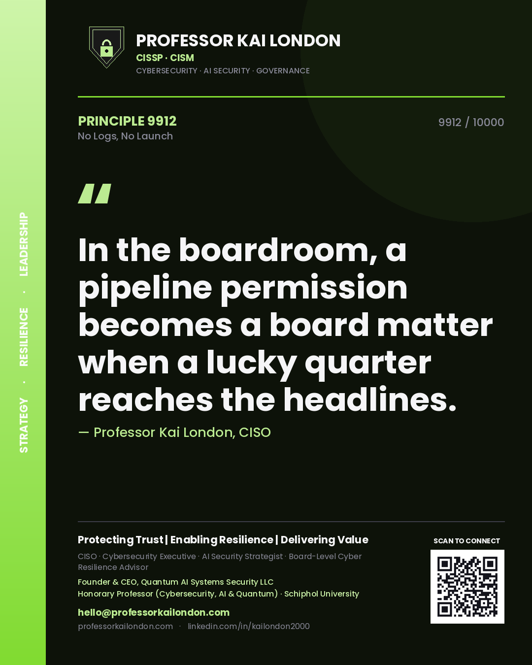 Professor Kai London principle 9912: In the boardroom, a pipeline permission becomes a board matter when a lucky quarter reaches the headlines.