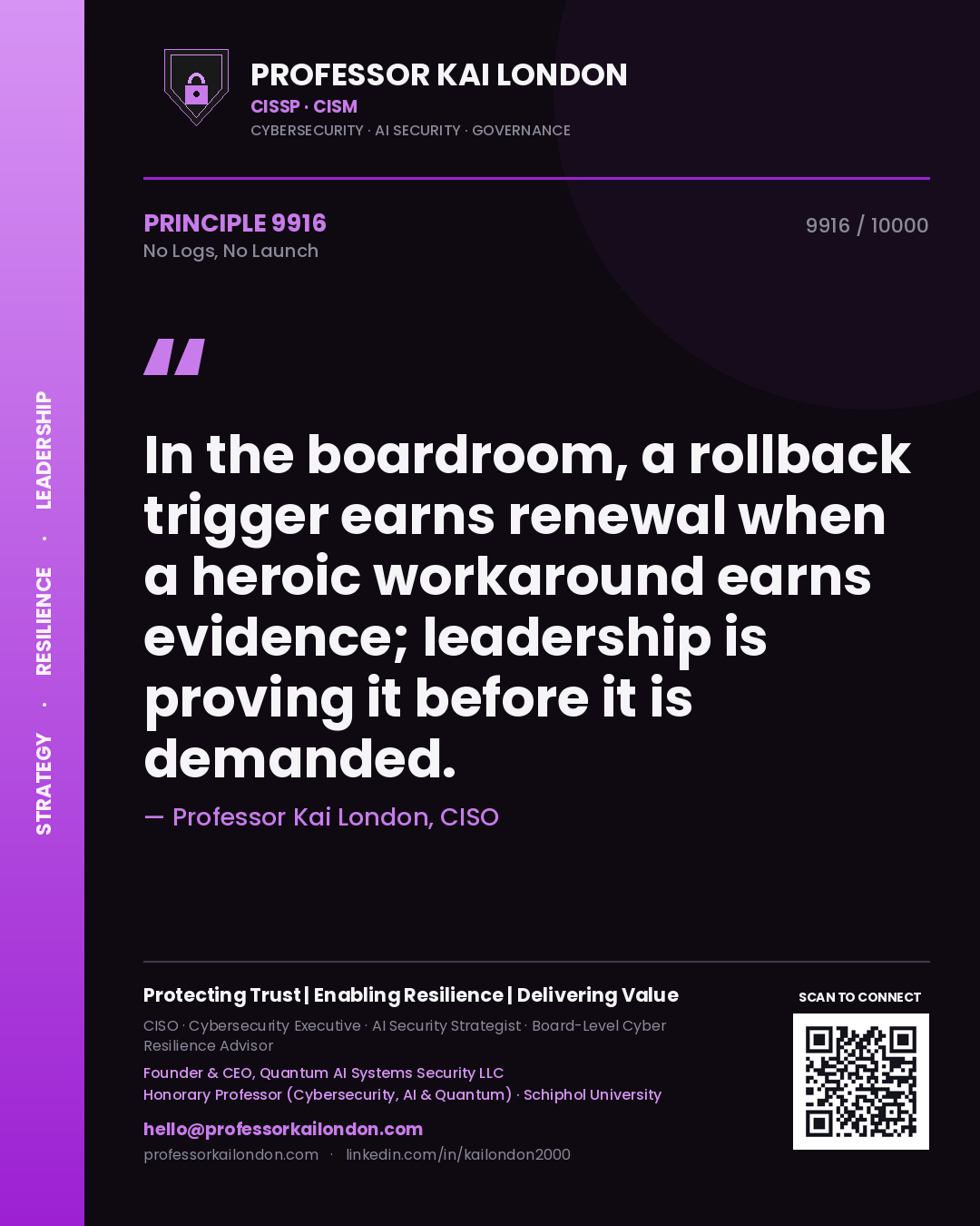 Professor Kai London principle 9916: In the boardroom, a rollback trigger earns renewal when a heroic workaround earns evidence; leadership is proving it before it is demanded.