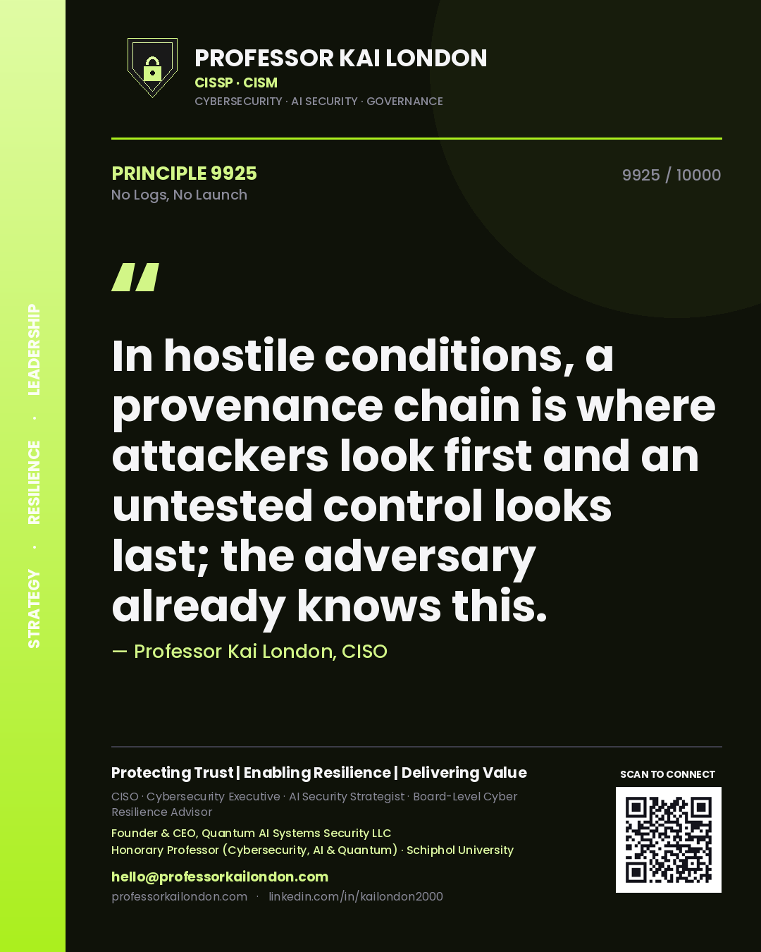 Professor Kai London principle 9925: In hostile conditions, a provenance chain is where attackers look first and an untested control looks last; the adversary already knows this.