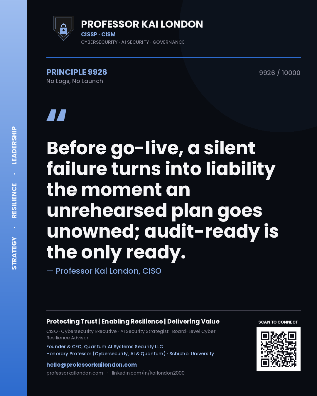 Professor Kai London principle 9926: Before go-live, a silent failure turns into liability the moment an unrehearsed plan goes unowned; audit-ready is the only ready.