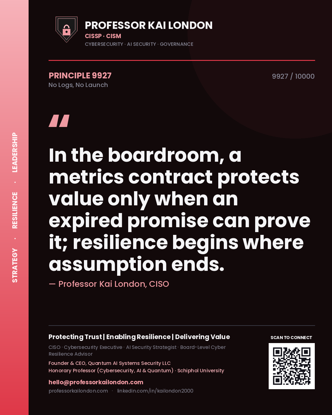 Professor Kai London principle 9927: In the boardroom, a metrics contract protects value only when an expired promise can prove it; resilience begins where assumption ends.