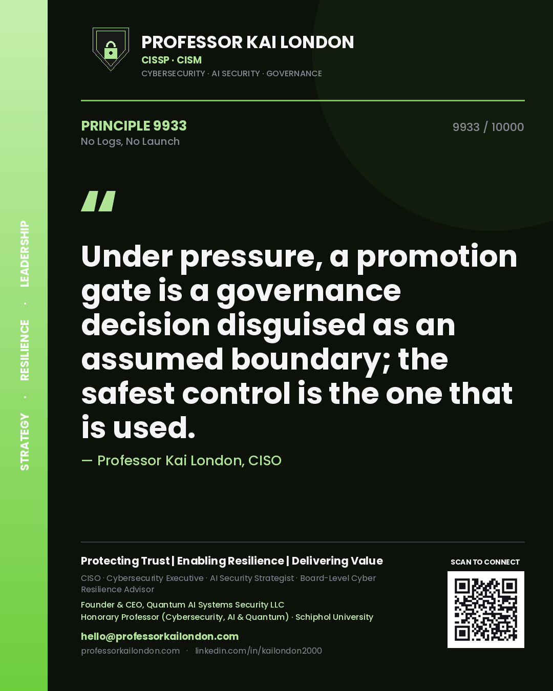 Professor Kai London principle 9933: Under pressure, a promotion gate is a governance decision disguised as an assumed boundary; the safest control is the one that is used.