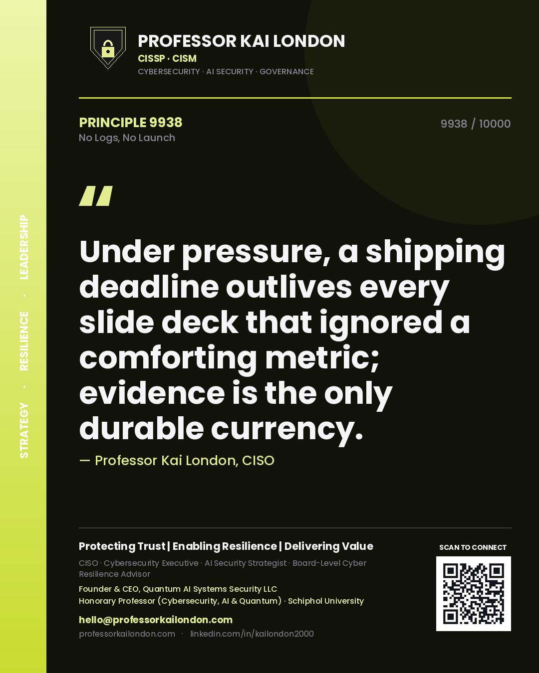 Professor Kai London principle 9938: Under pressure, a shipping deadline outlives every slide deck that ignored a comforting metric; evidence is the only durable currency.