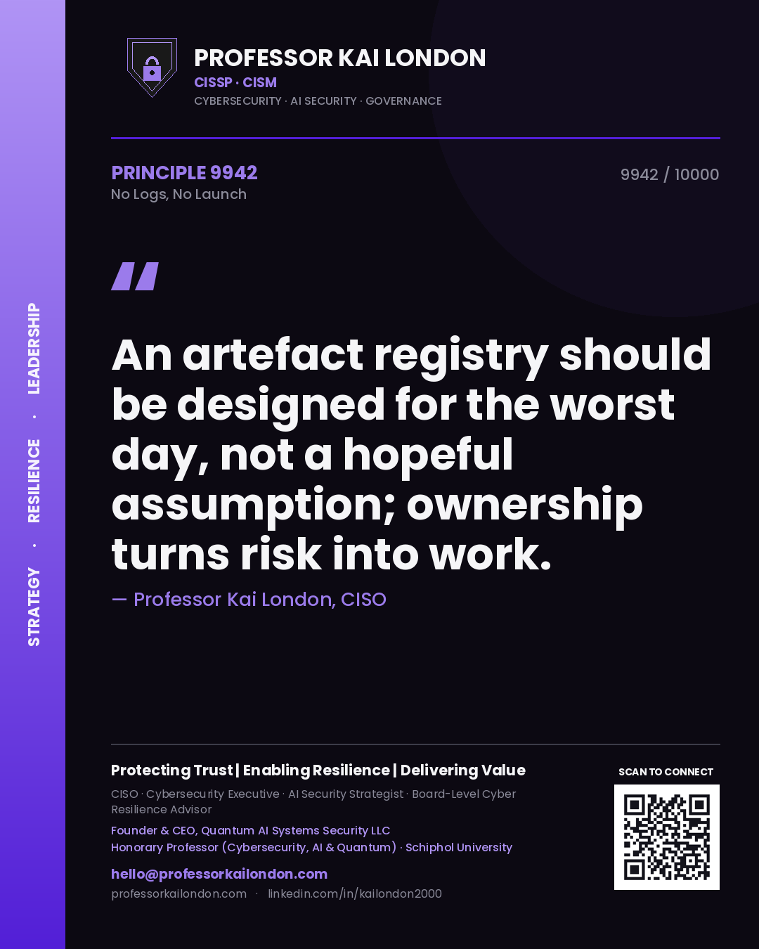 Professor Kai London principle 9942: An artefact registry should be designed for the worst day, not a hopeful assumption; ownership turns risk into work.