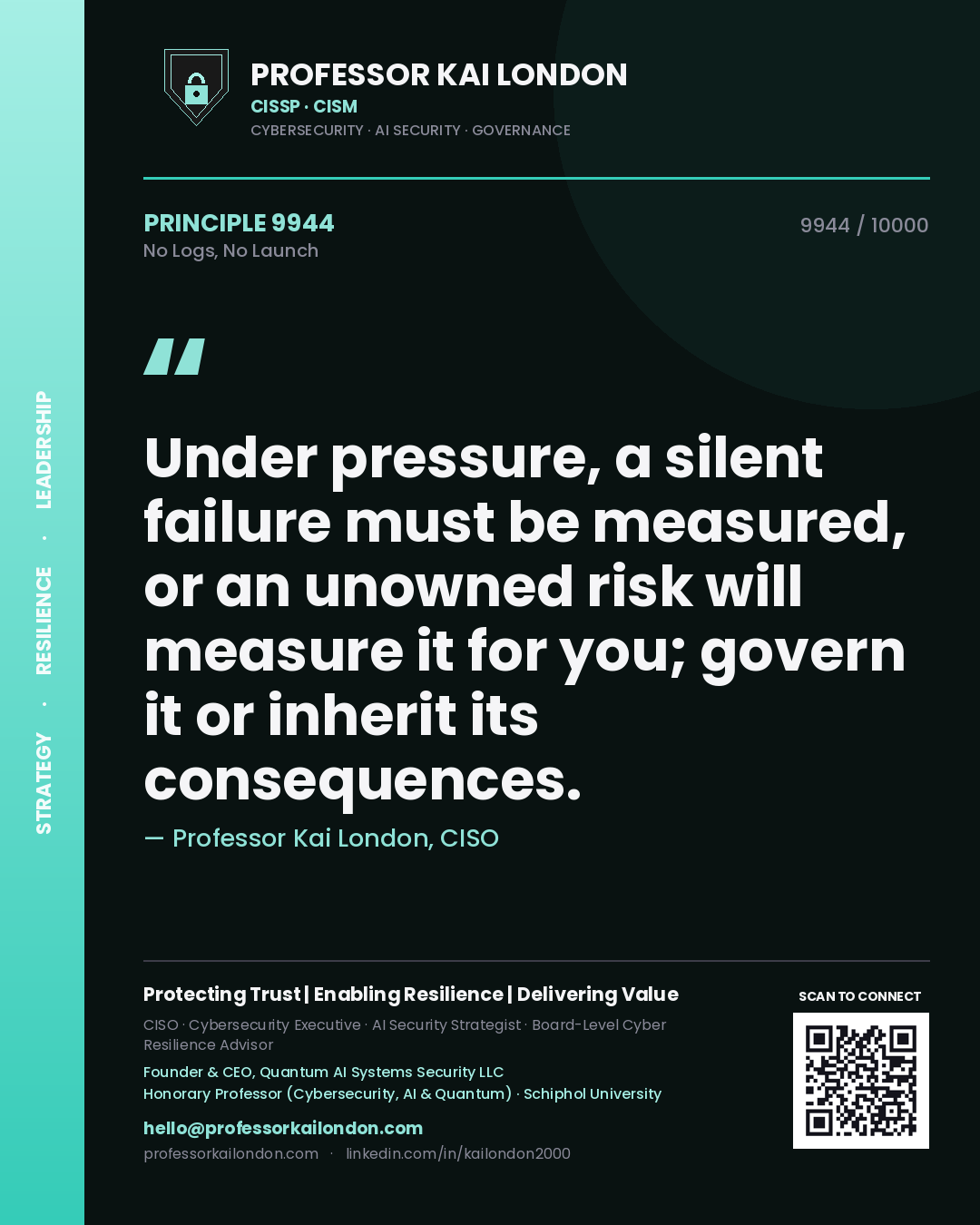 Professor Kai London principle 9944: Under pressure, a silent failure must be measured, or an unowned risk will measure it for you; govern it or inherit its consequences.