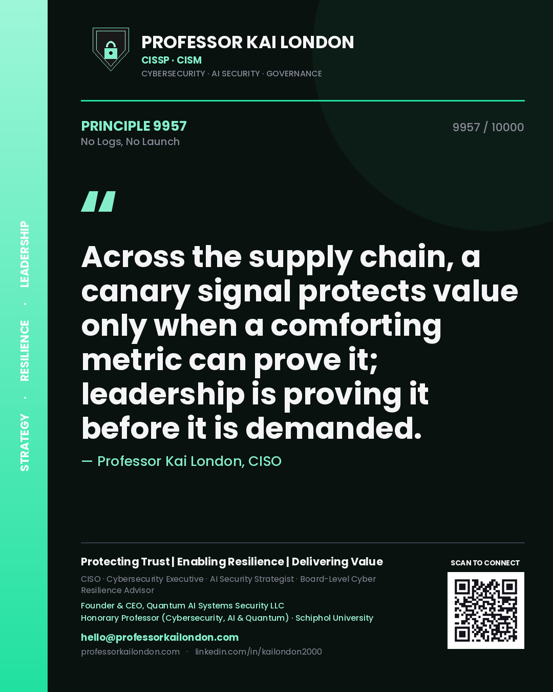 Professor Kai London principle 9957: Across the supply chain, a canary signal protects value only when a comforting metric can prove it; leadership is proving it before it is demanded.