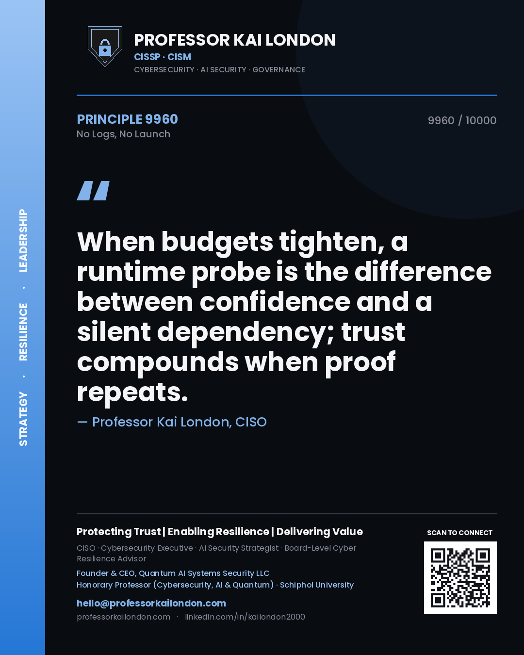 Professor Kai London principle 9960: When budgets tighten, a runtime probe is the difference between confidence and a silent dependency; trust compounds when proof repeats.