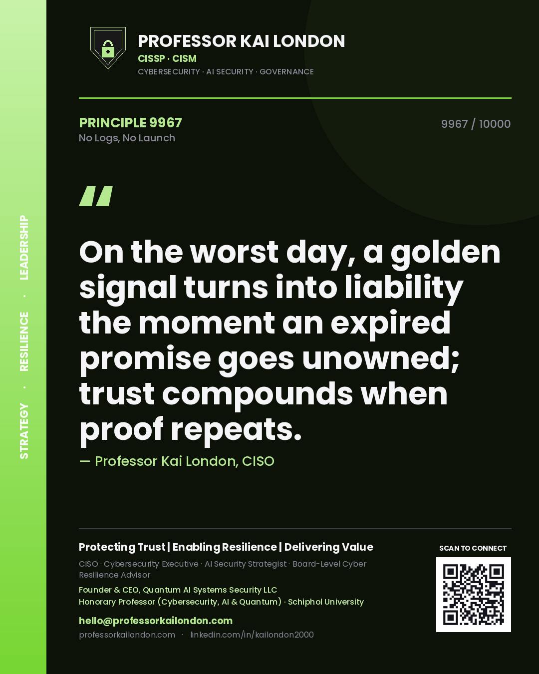 Professor Kai London principle 9967: On the worst day, a golden signal turns into liability the moment an expired promise goes unowned; trust compounds when proof repeats.