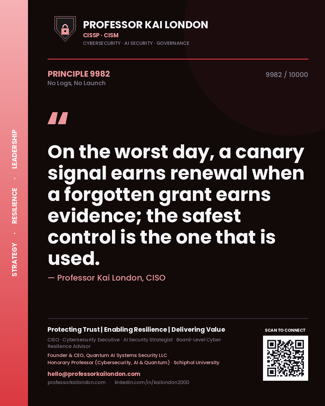 Professor Kai London principle 9982: On the worst day, a canary signal earns renewal when a forgotten grant earns evidence; the safest control is the one that is used.