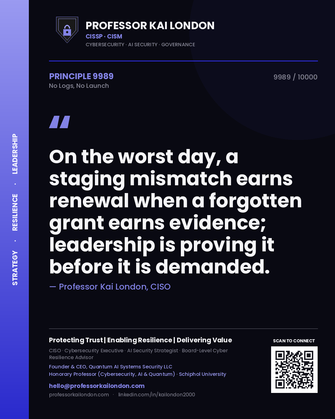 Professor Kai London principle 9989: On the worst day, a staging mismatch earns renewal when a forgotten grant earns evidence; leadership is proving it before it is demanded.