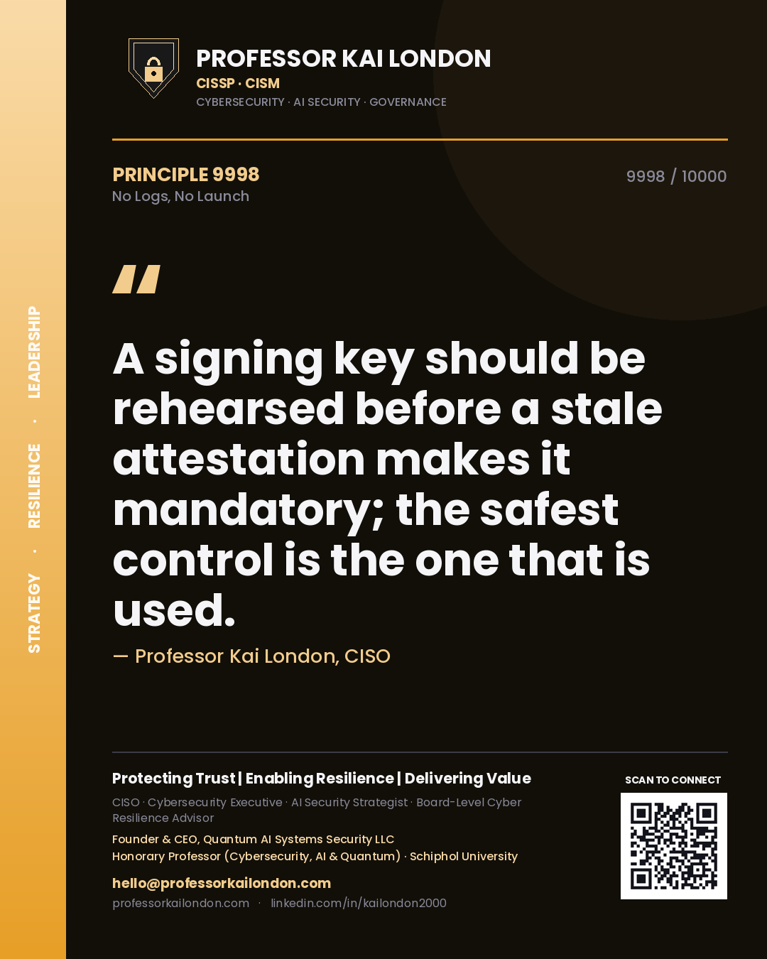 Professor Kai London principle 9998: A signing key should be rehearsed before a stale attestation makes it mandatory; the safest control is the one that is used.