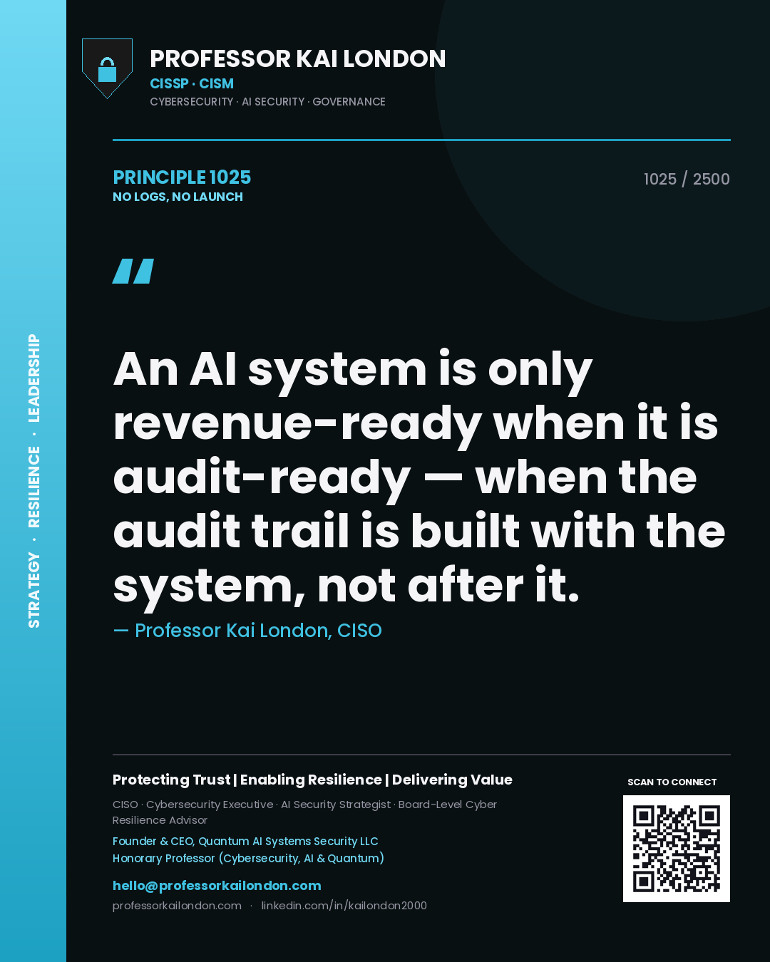 Professor Kai London principle 1025: An AI system is only revenue-ready when it is audit-ready — when the audit trail is built with the system, not after it.