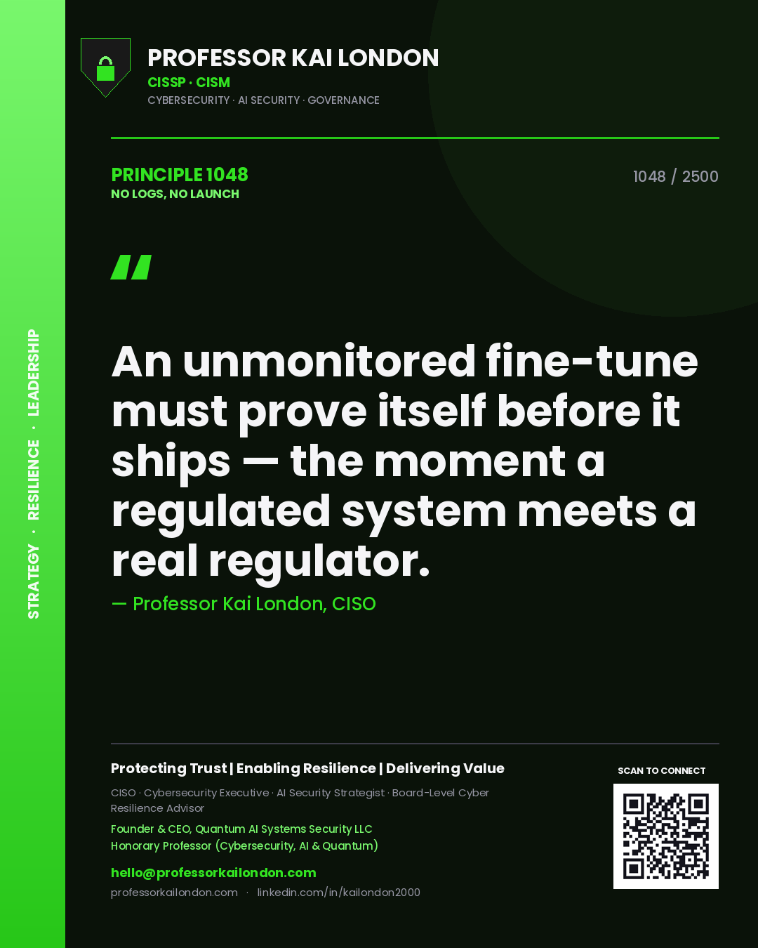 Professor Kai London principle 1048: An unmonitored fine-tune must prove itself before it ships — the moment a regulated system meets a real regulator.