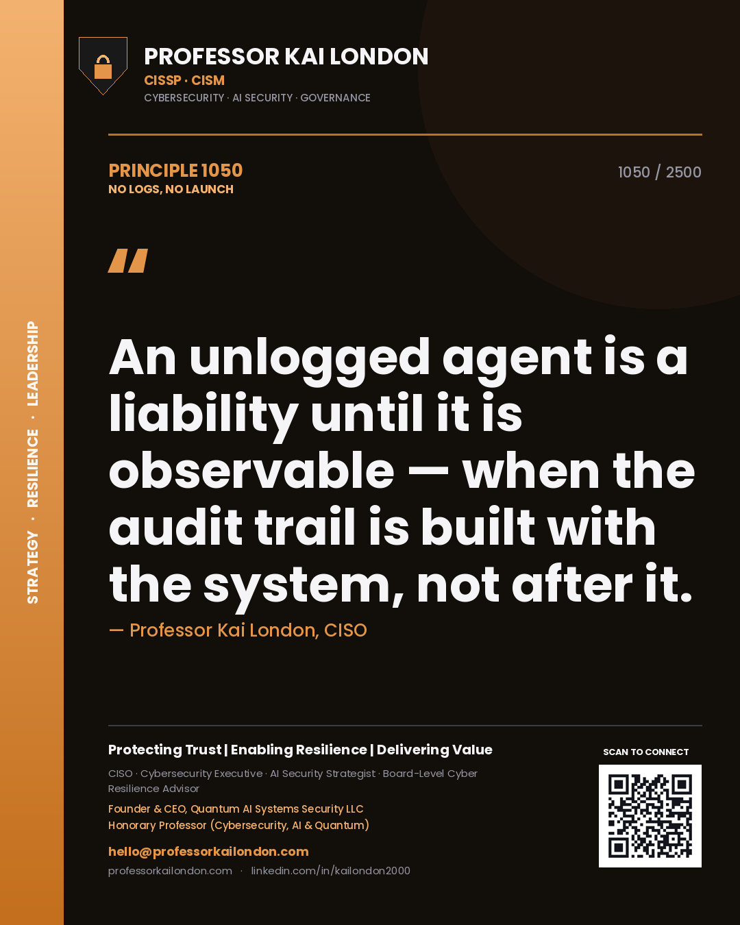 Professor Kai London principle 1050: An unlogged agent is a liability until it is observable — when the audit trail is built with the system, not after it.