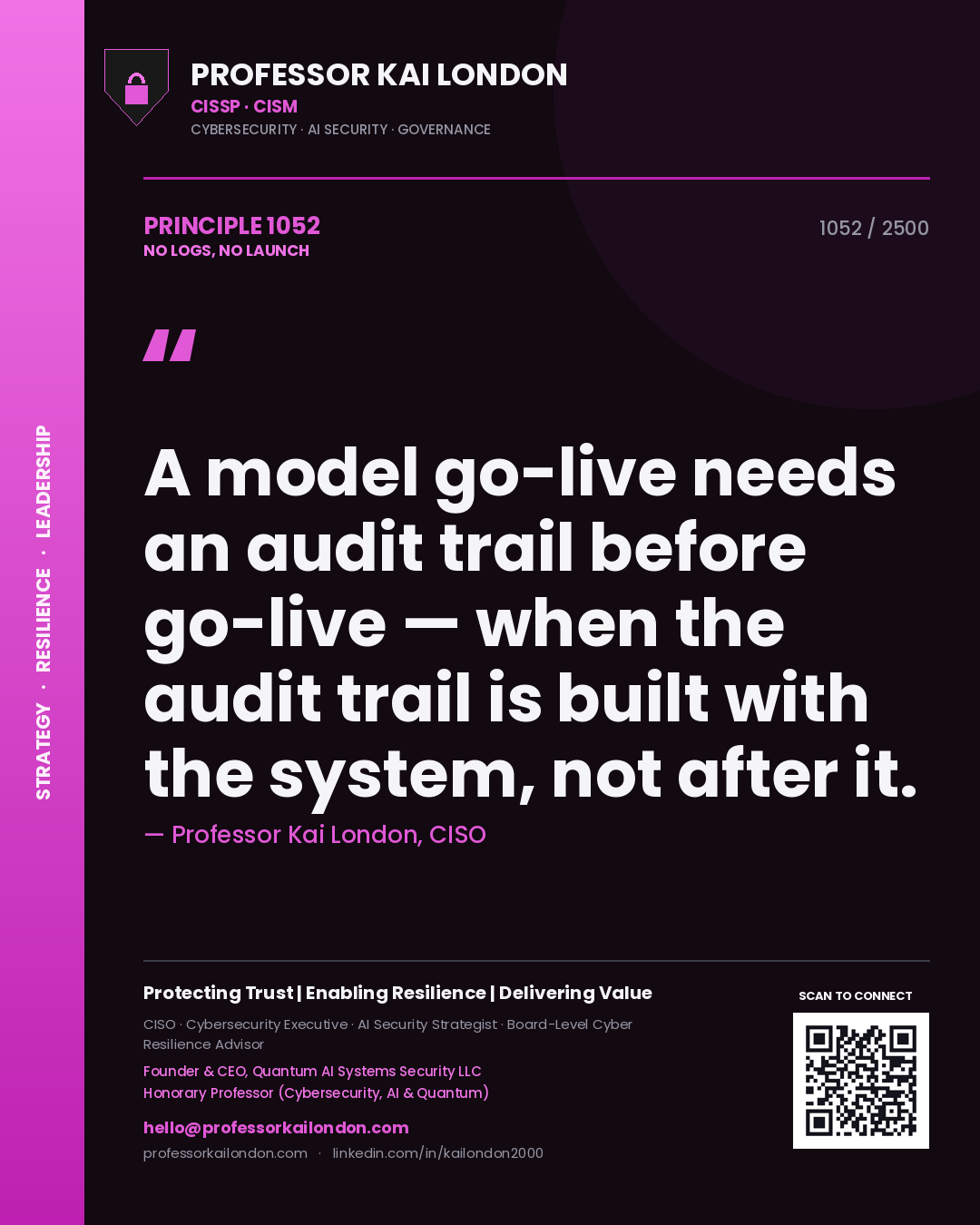 Professor Kai London principle 1052: A model go-live needs an audit trail before go-live — when the audit trail is built with the system, not after it.