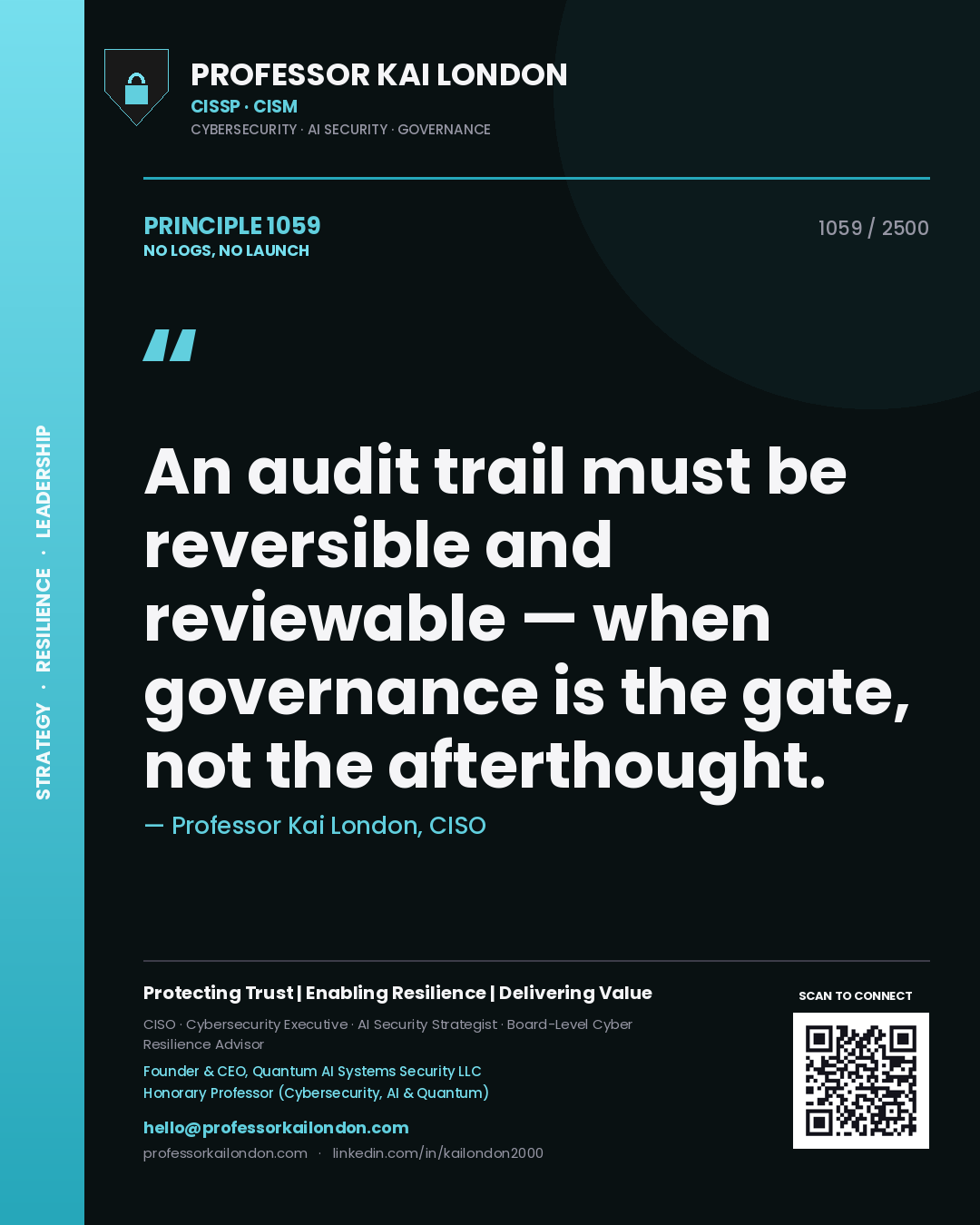 Professor Kai London principle 1059: An audit trail must be reversible and reviewable — when governance is the gate, not the afterthought.
