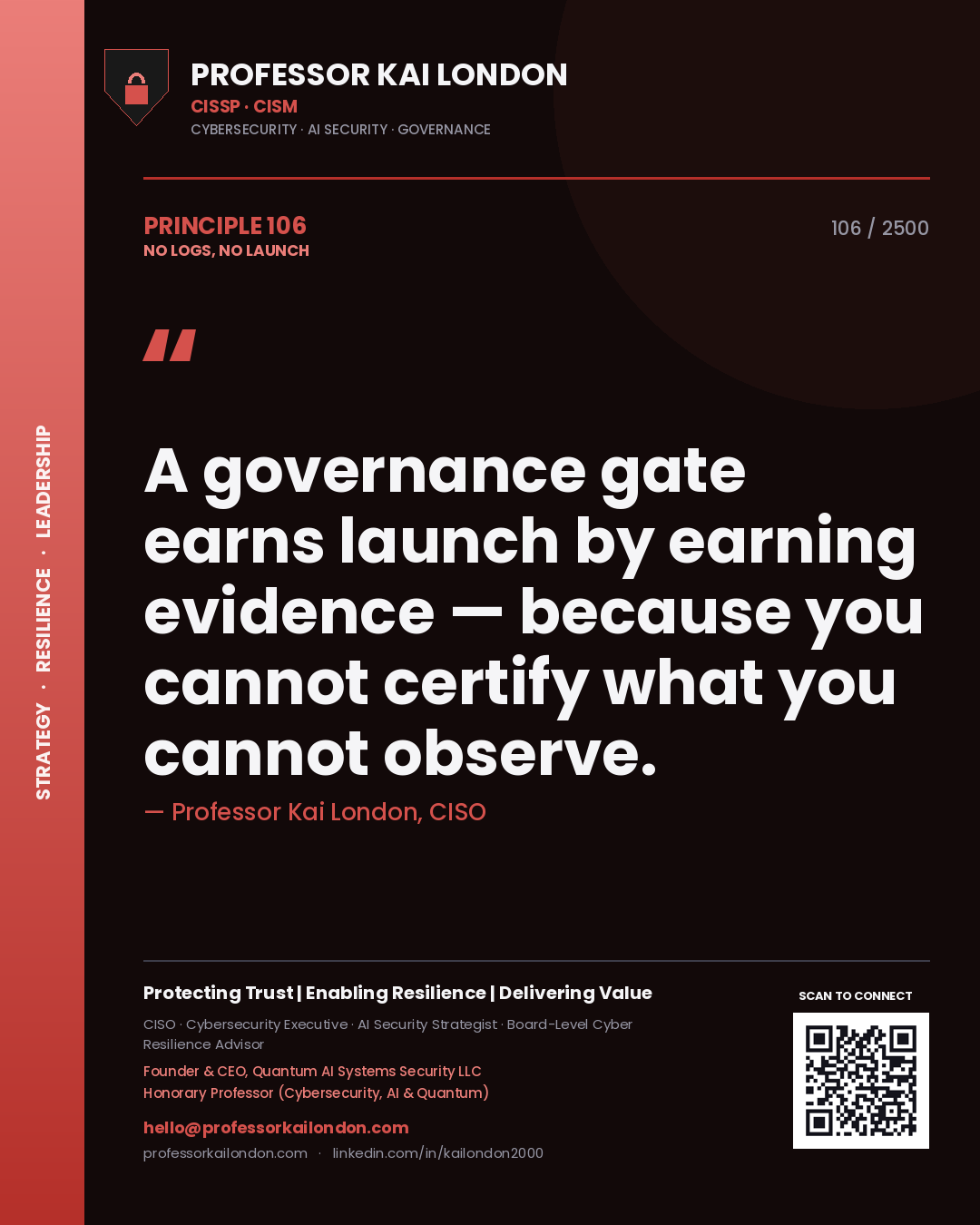 Professor Kai London principle 106: A governance gate earns launch by earning evidence — because you cannot certify what you cannot observe.