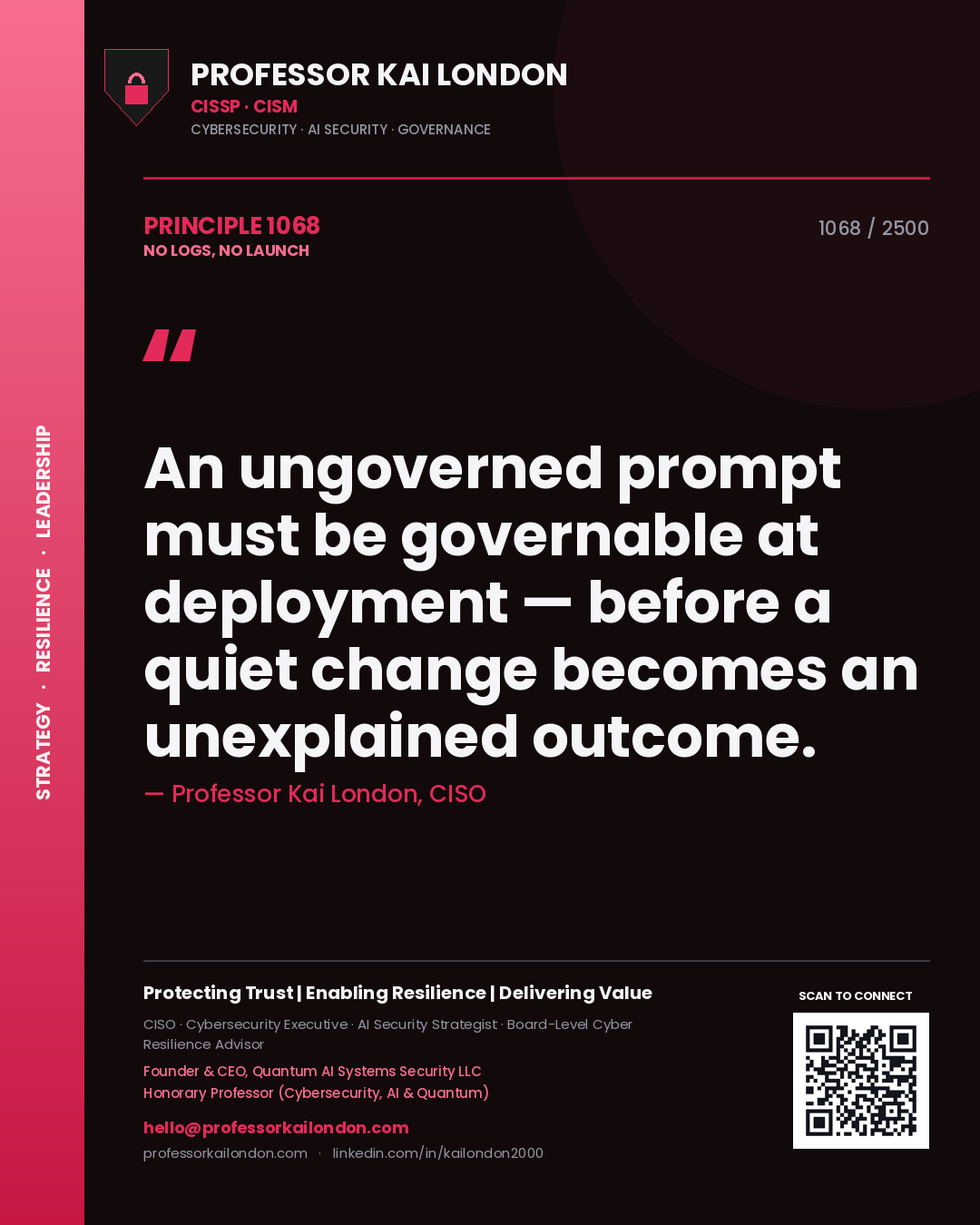 Professor Kai London principle 1068: An ungoverned prompt must be governable at deployment — before a quiet change becomes an unexplained outcome.