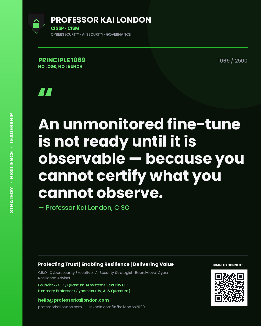 Professor Kai London principle 1069: An unmonitored fine-tune is not ready until it is observable — because you cannot certify what you cannot observe.