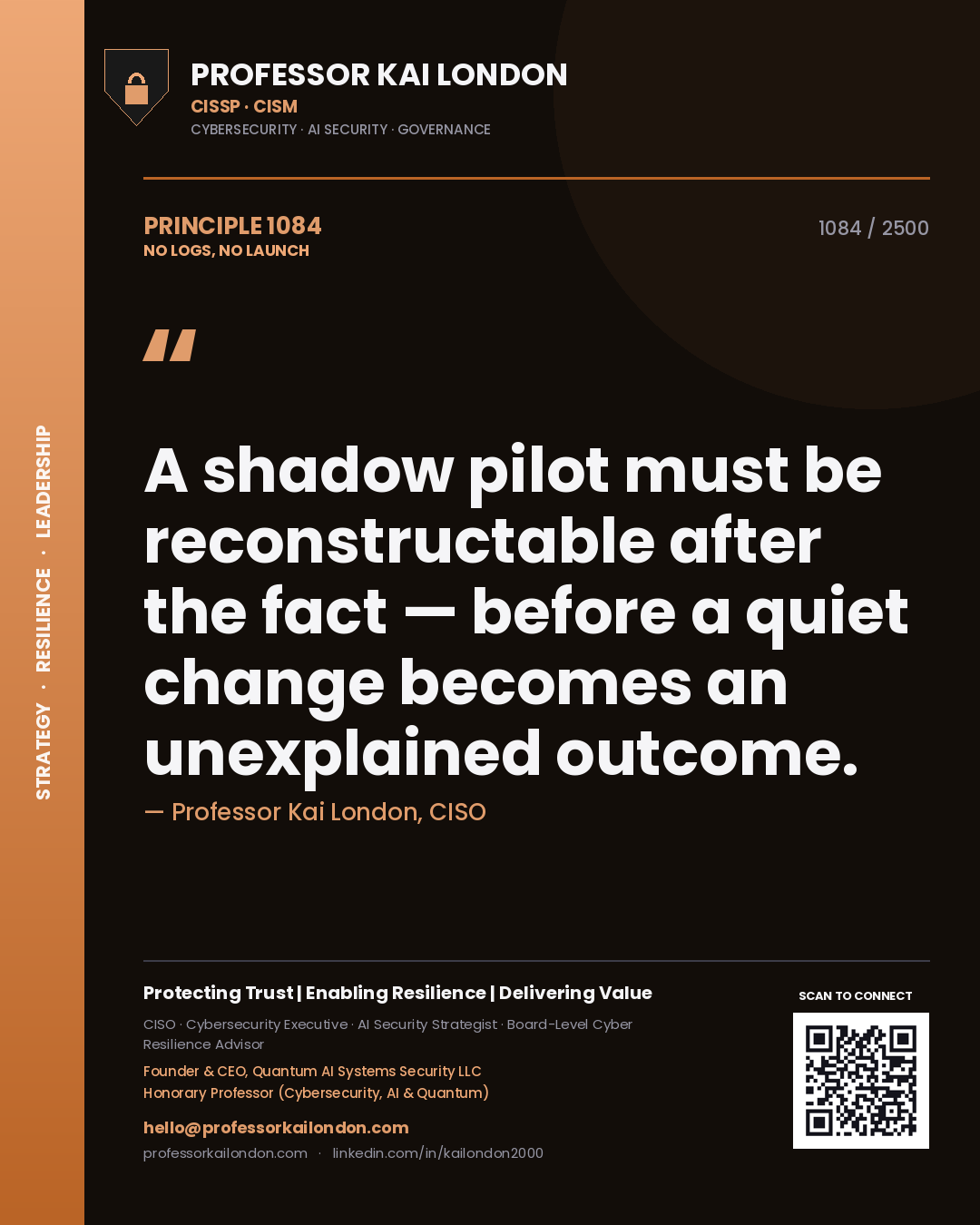 Professor Kai London principle 1084: A shadow pilot must be reconstructable after the fact — before a quiet change becomes an unexplained outcome.