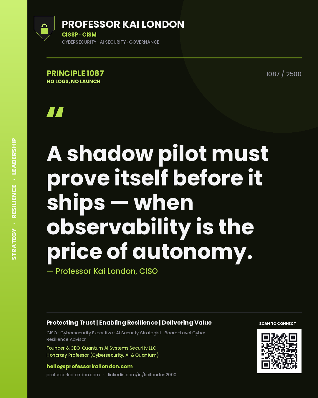 Professor Kai London principle 1087: A shadow pilot must prove itself before it ships — when observability is the price of autonomy.