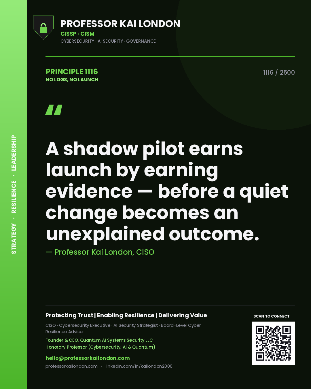 Professor Kai London principle 1116: A shadow pilot earns launch by earning evidence — before a quiet change becomes an unexplained outcome.