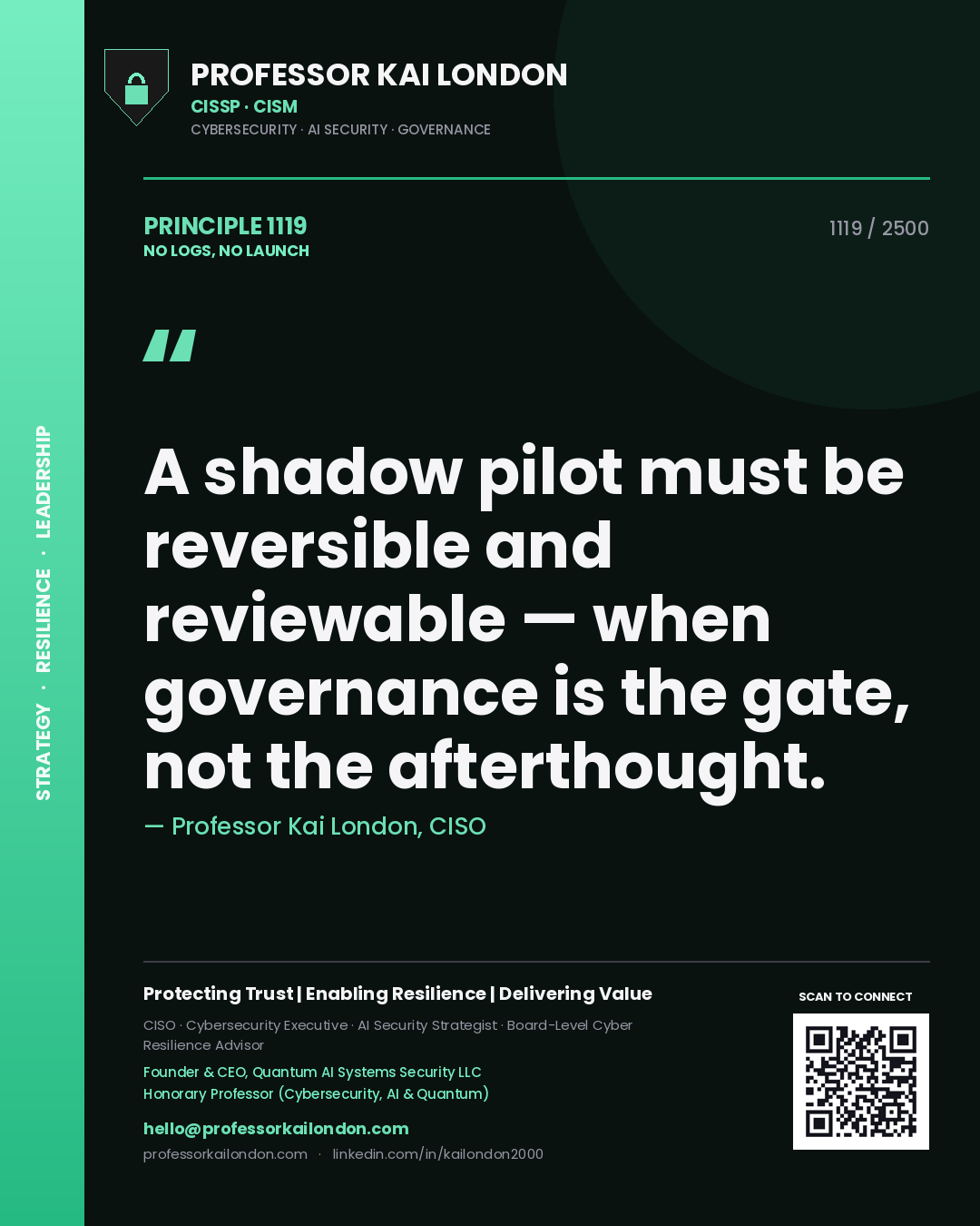 Professor Kai London principle 1119: A shadow pilot must be reversible and reviewable — when governance is the gate, not the afterthought.