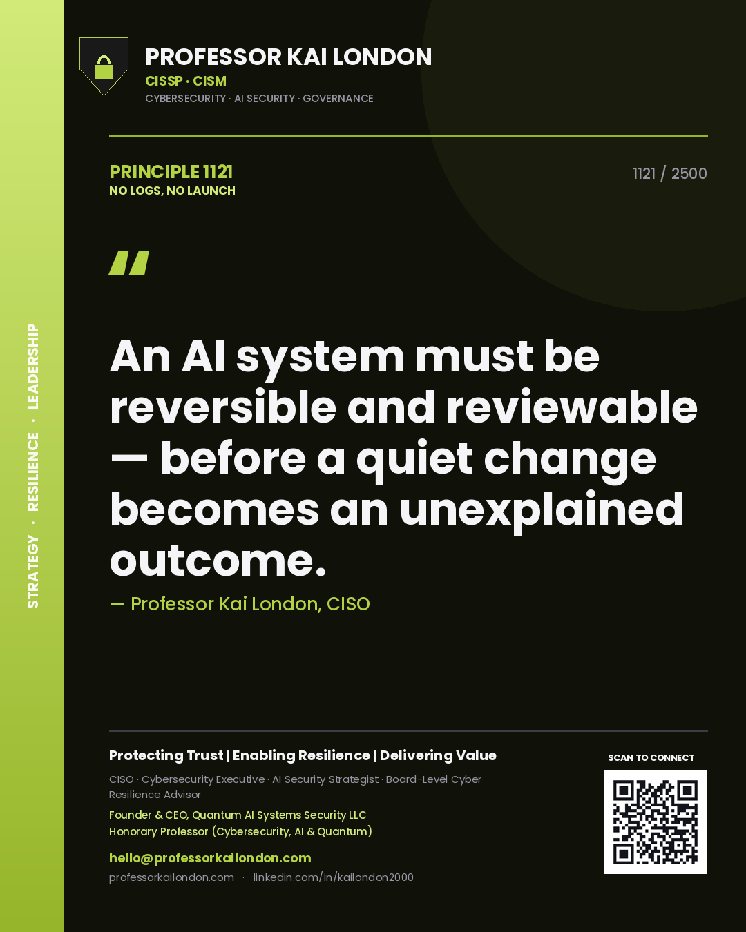 Professor Kai London principle 1121: An AI system must be reversible and reviewable — before a quiet change becomes an unexplained outcome.