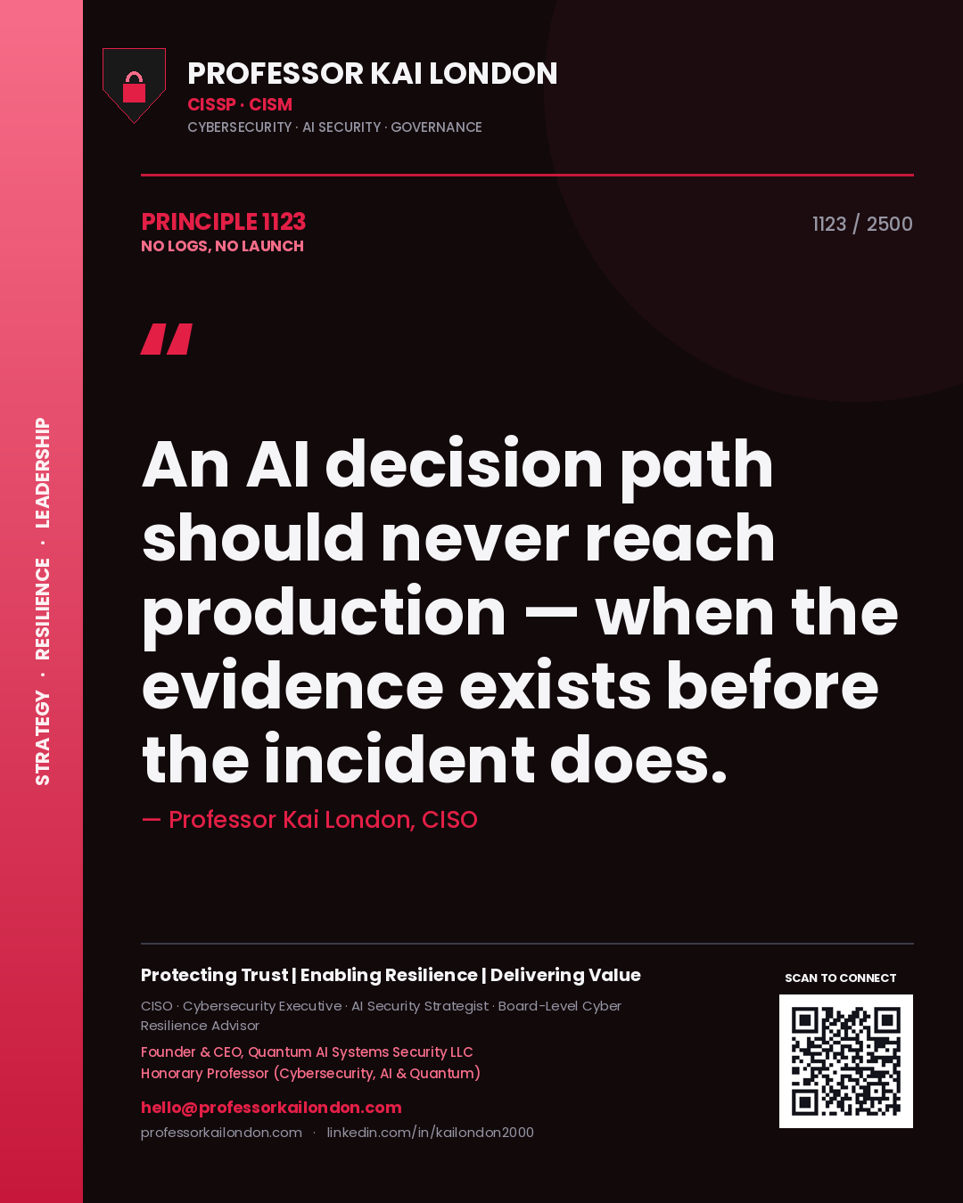 Professor Kai London principle 1123: An AI decision path should never reach production — when the evidence exists before the incident does.