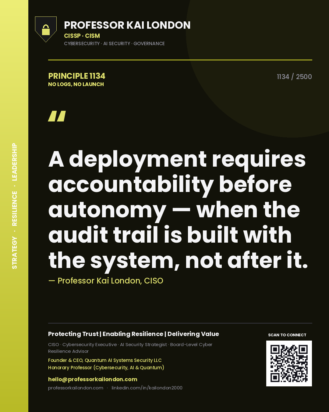 Professor Kai London principle 1134: A deployment requires accountability before autonomy — when the audit trail is built with the system, not after it.
