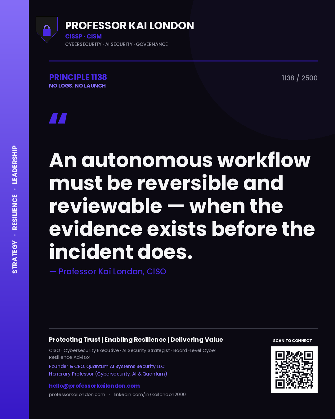 Professor Kai London principle 1138: An autonomous workflow must be reversible and reviewable — when the evidence exists before the incident does.