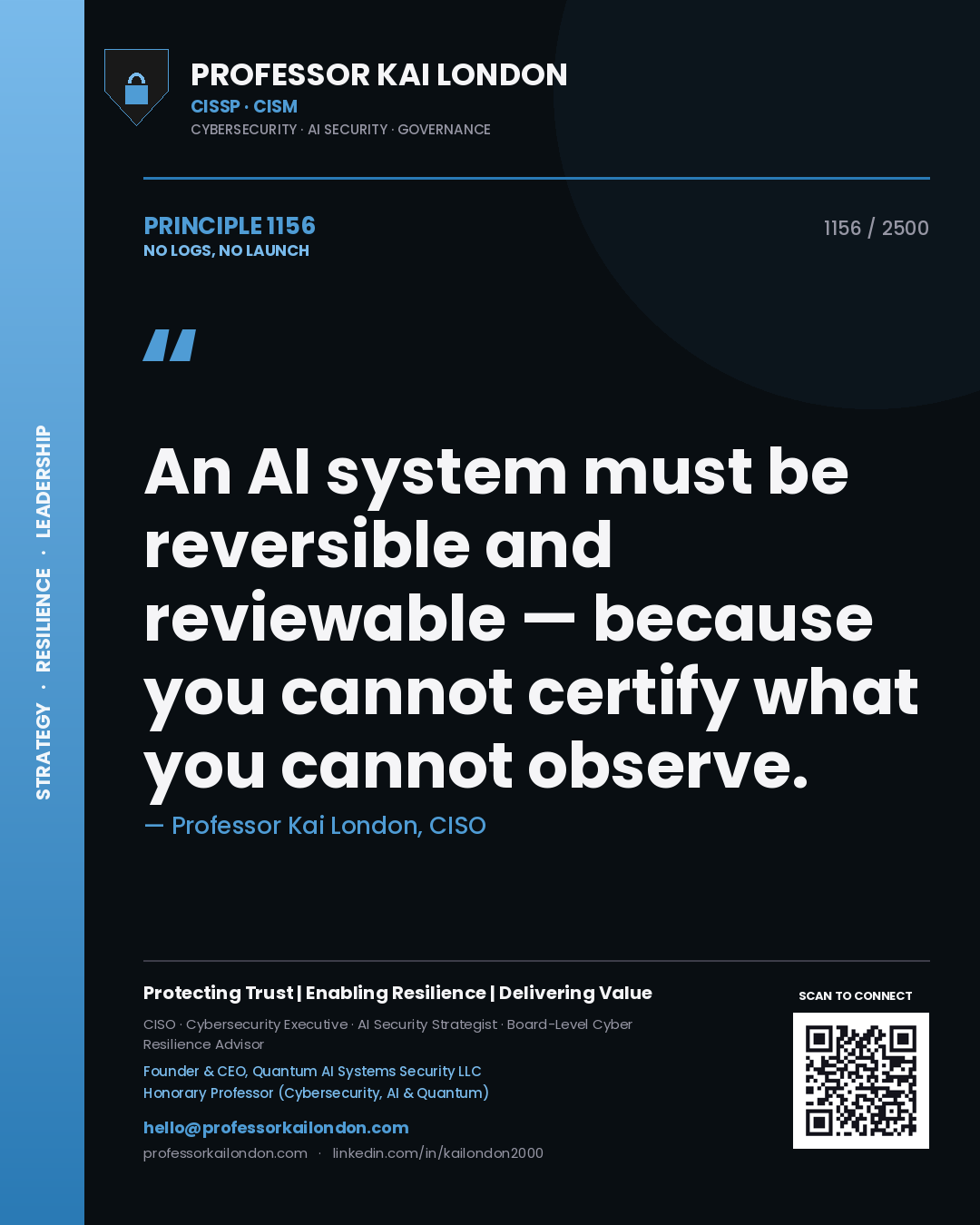 Professor Kai London principle 1156: An AI system must be reversible and reviewable — because you cannot certify what you cannot observe.