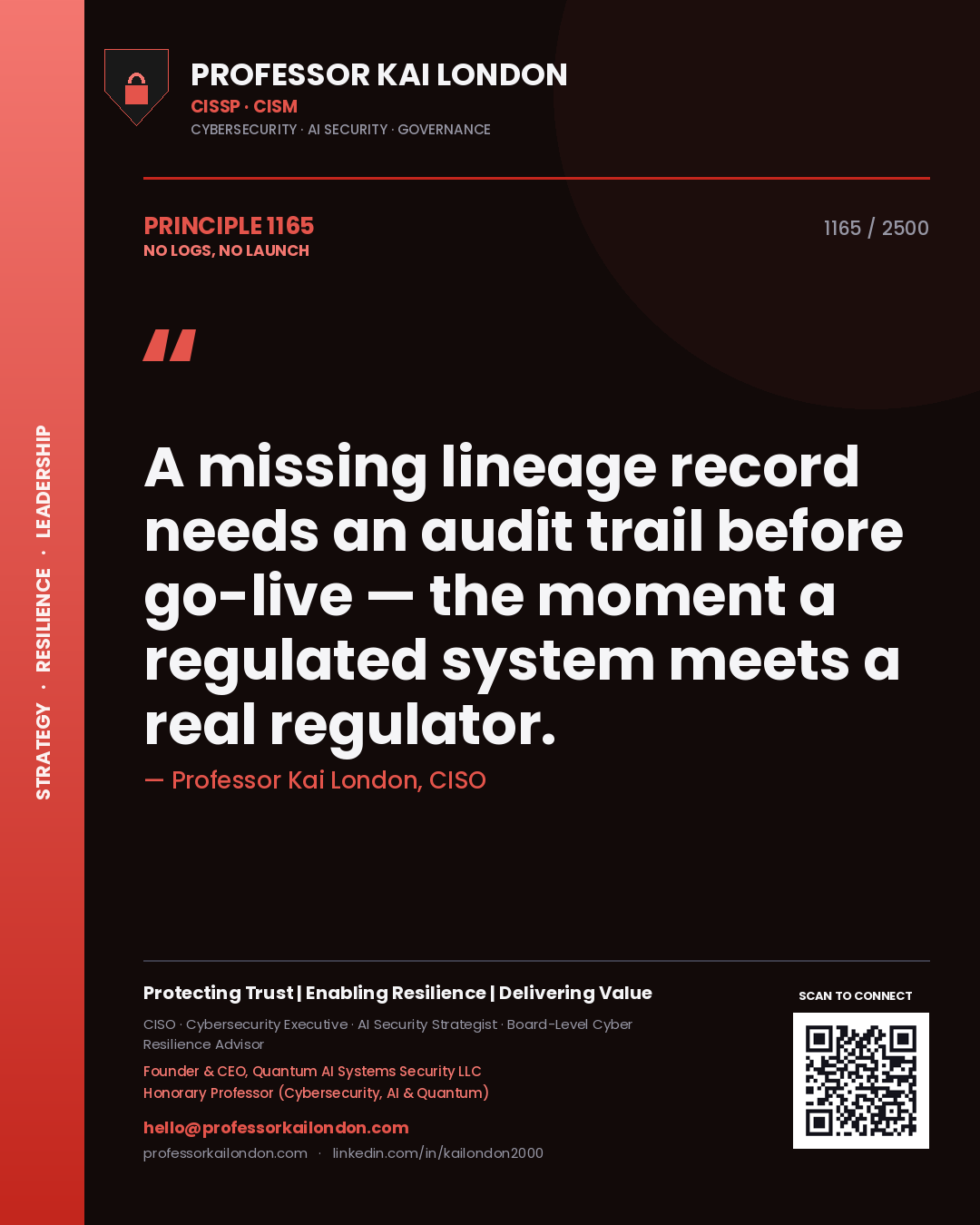Professor Kai London principle 1165: A missing lineage record needs an audit trail before go-live — the moment a regulated system meets a real regulator.