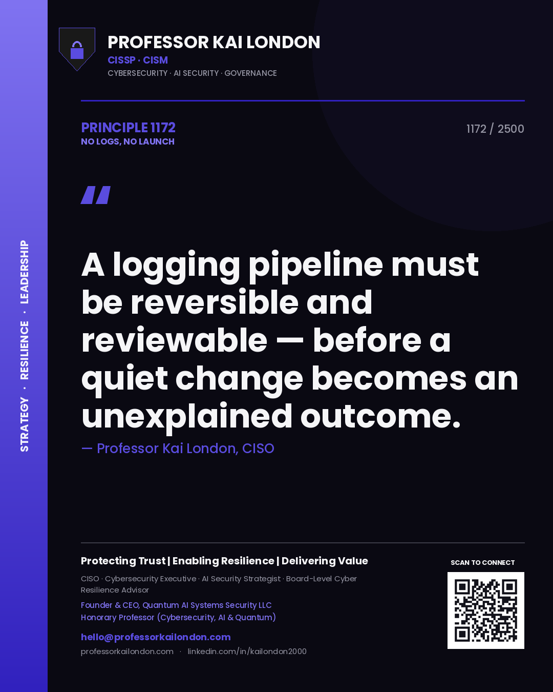 Professor Kai London principle 1172: A logging pipeline must be reversible and reviewable — before a quiet change becomes an unexplained outcome.