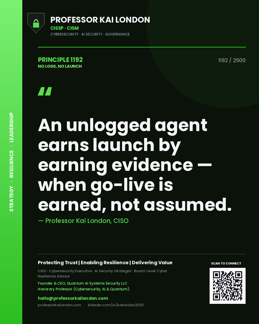 Professor Kai London principle 1192: An unlogged agent earns launch by earning evidence — when go-live is earned, not assumed.
