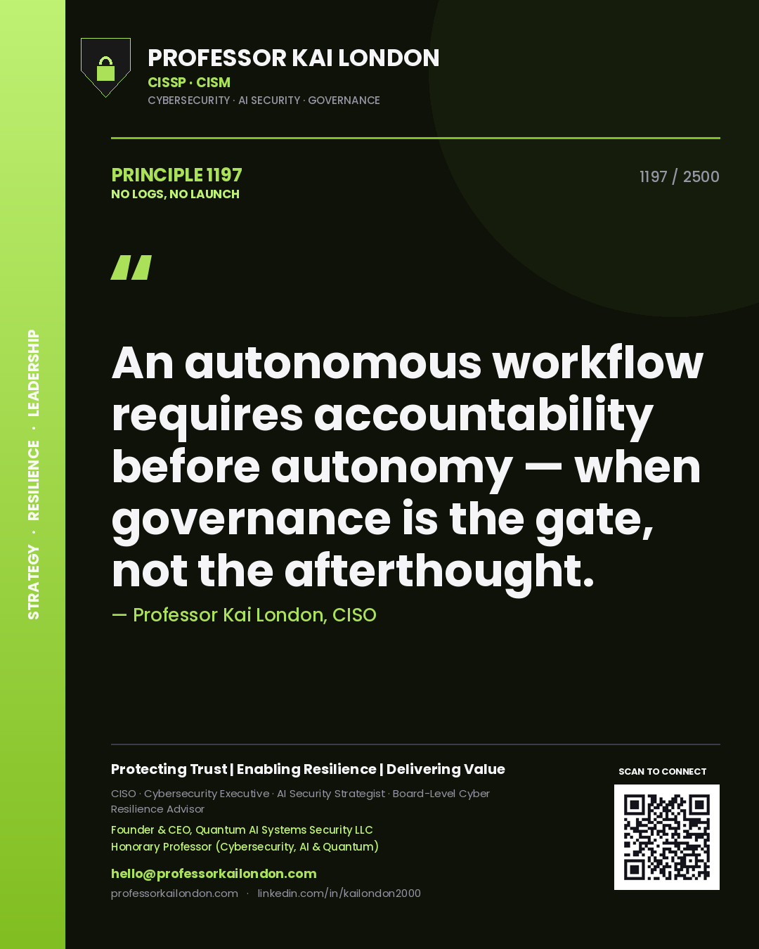 Professor Kai London principle 1197: An autonomous workflow requires accountability before autonomy — when governance is the gate, not the afterthought.