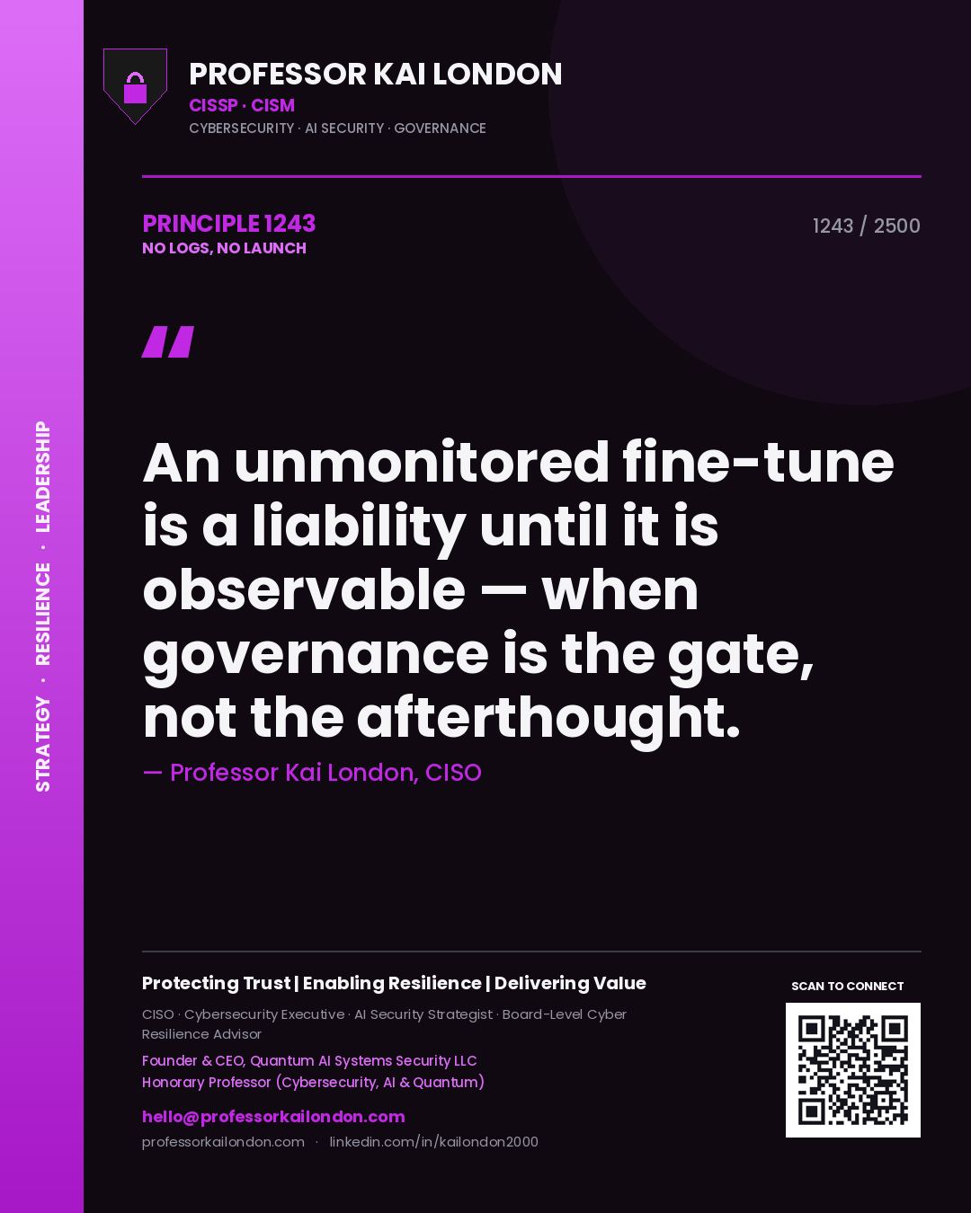 Professor Kai London principle 1243: An unmonitored fine-tune is a liability until it is observable — when governance is the gate, not the afterthought.