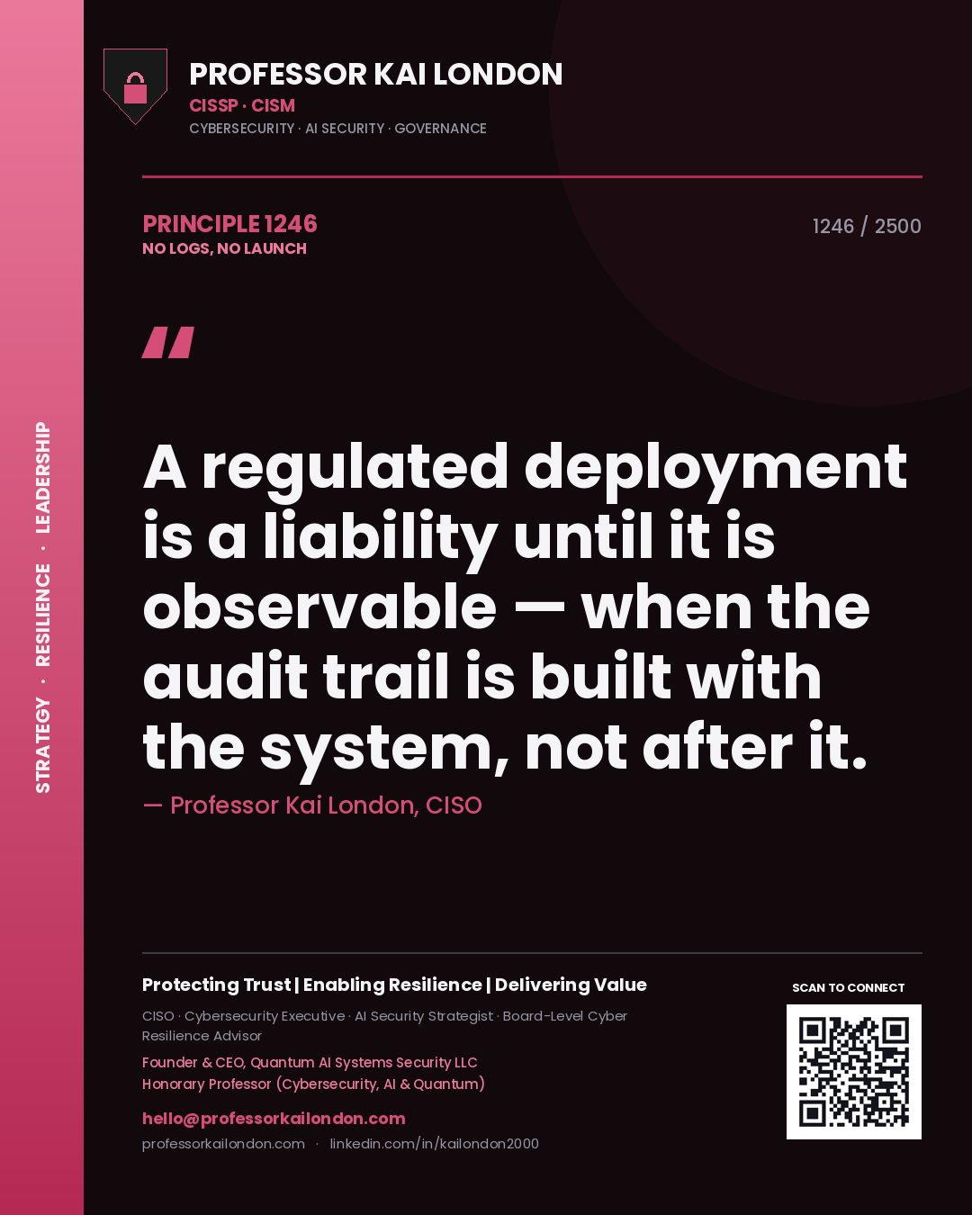 Professor Kai London principle 1246: A regulated deployment is a liability until it is observable — when the audit trail is built with the system, not after it.