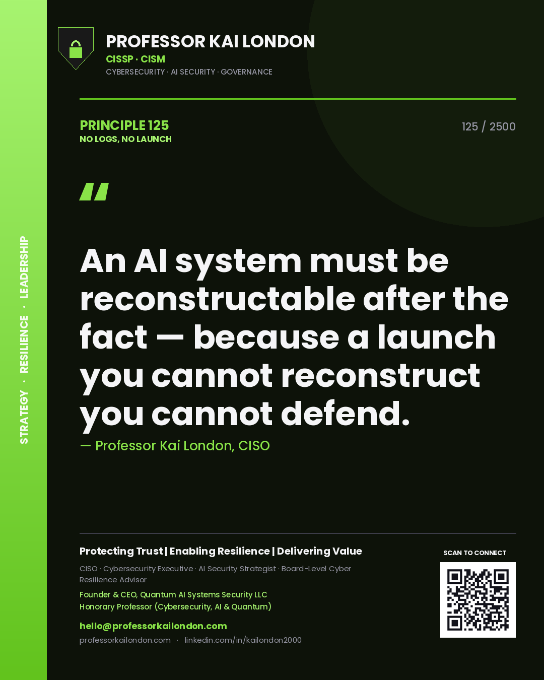 Professor Kai London principle 125: An AI system must be reconstructable after the fact — because a launch you cannot reconstruct you cannot defend.