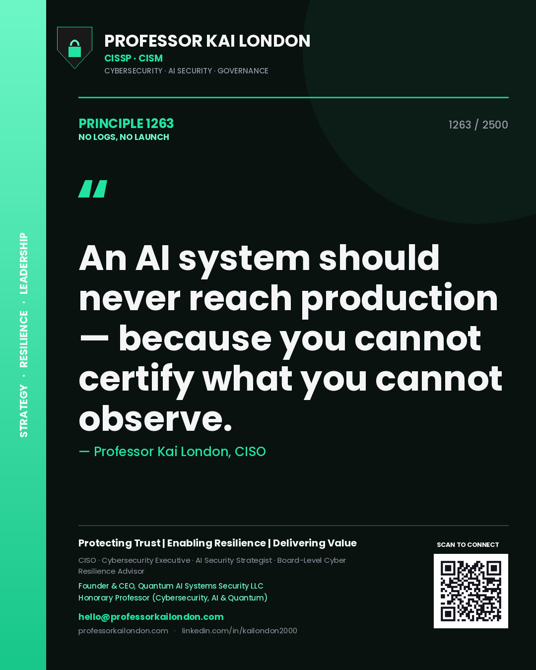 Professor Kai London principle 1263: An AI system should never reach production — because you cannot certify what you cannot observe.