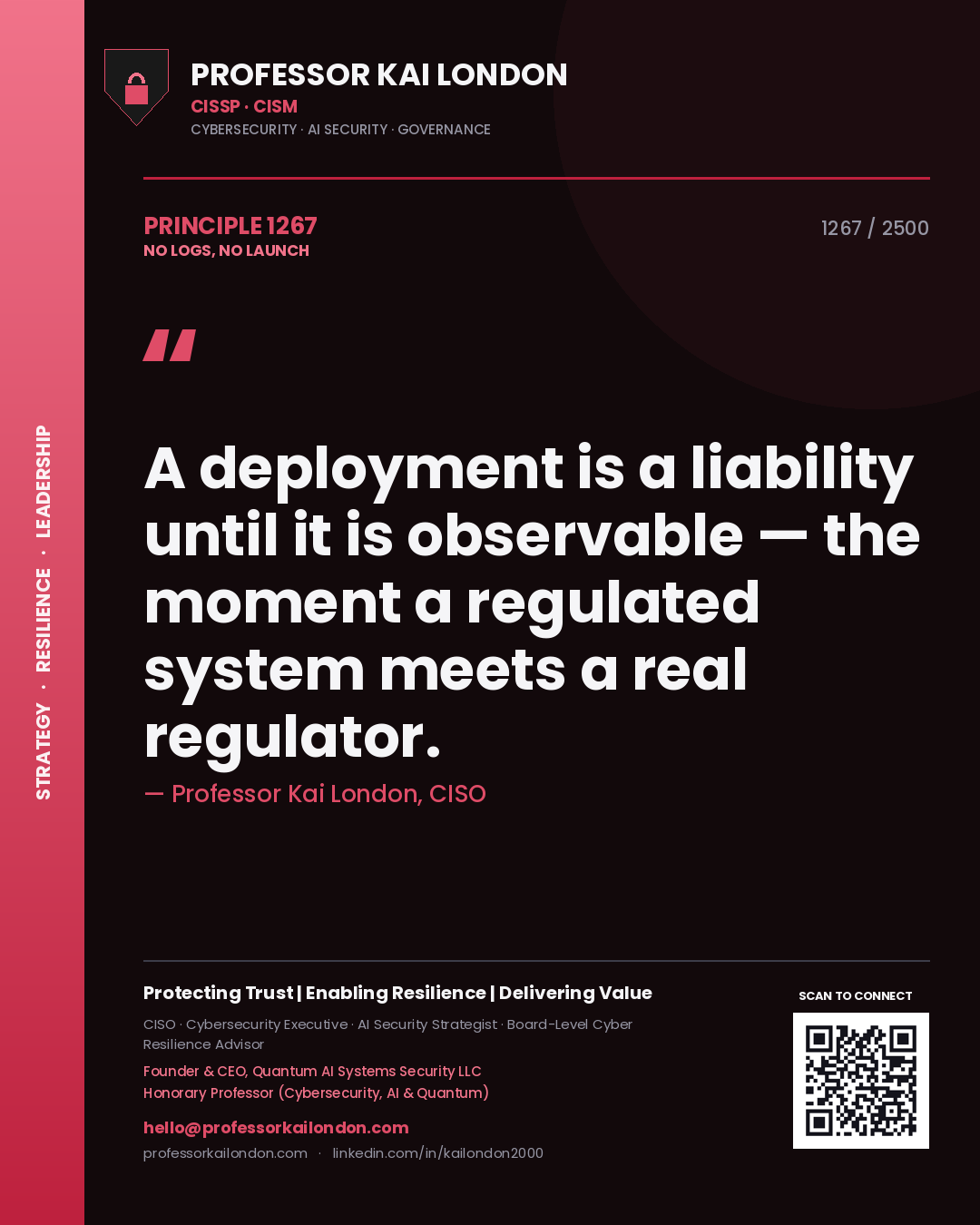Professor Kai London principle 1267: A deployment is a liability until it is observable — the moment a regulated system meets a real regulator.