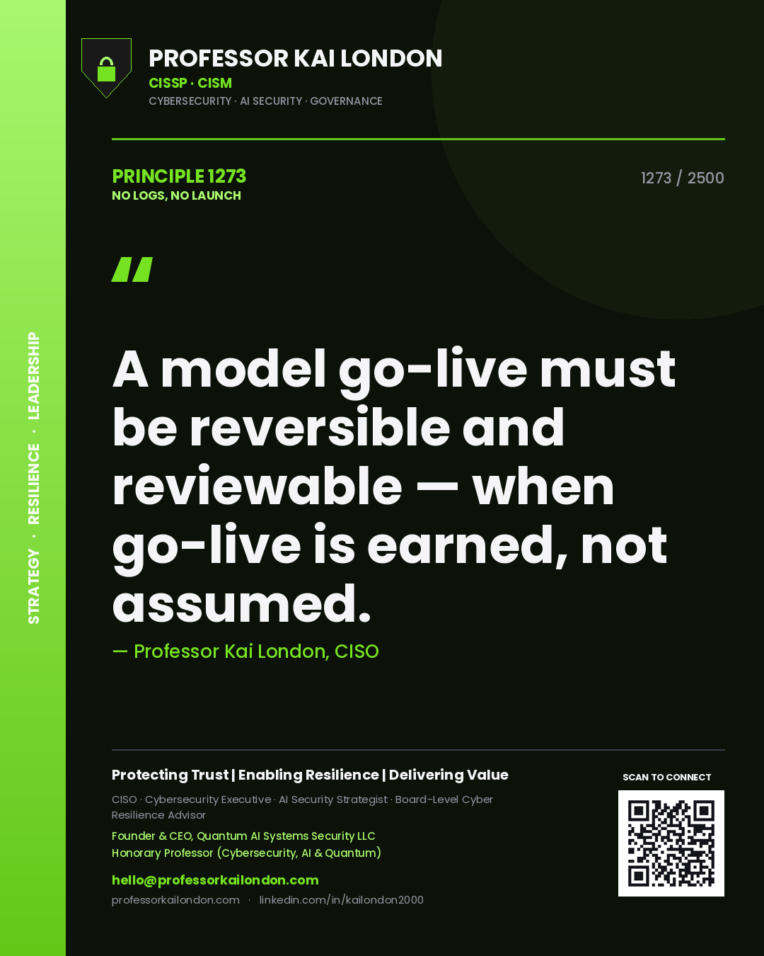 Professor Kai London principle 1273: A model go-live must be reversible and reviewable — when go-live is earned, not assumed.