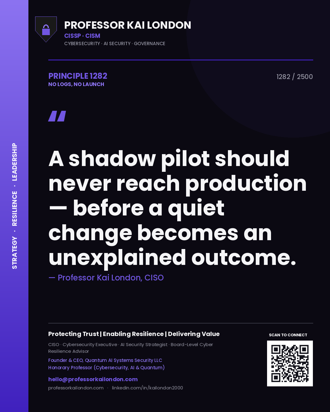 Professor Kai London principle 1282: A shadow pilot should never reach production — before a quiet change becomes an unexplained outcome.