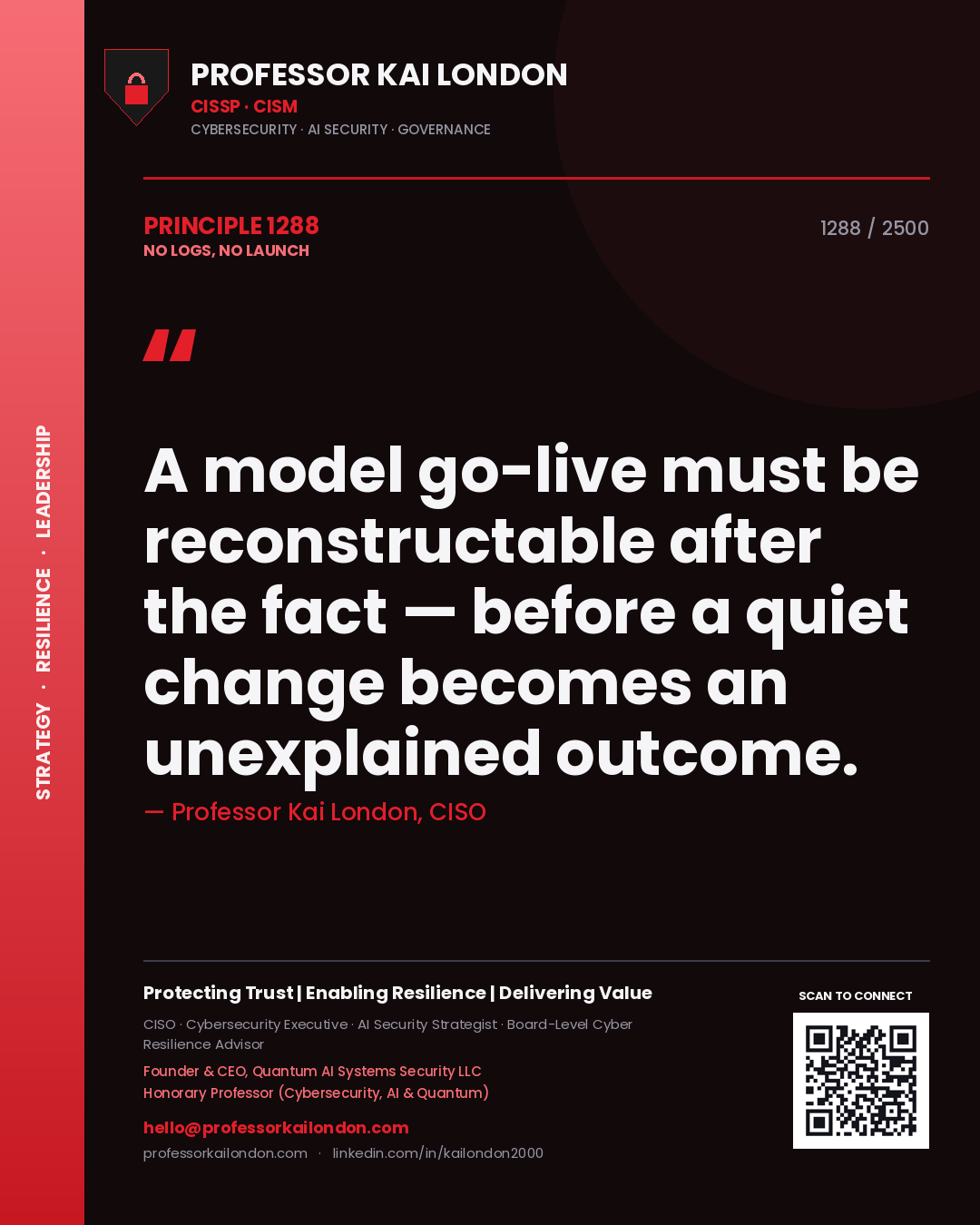 Professor Kai London principle 1288: A model go-live must be reconstructable after the fact — before a quiet change becomes an unexplained outcome.