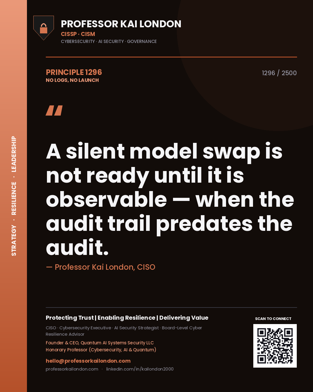 Professor Kai London principle 1296: A silent model swap is not ready until it is observable — when the audit trail predates the audit.